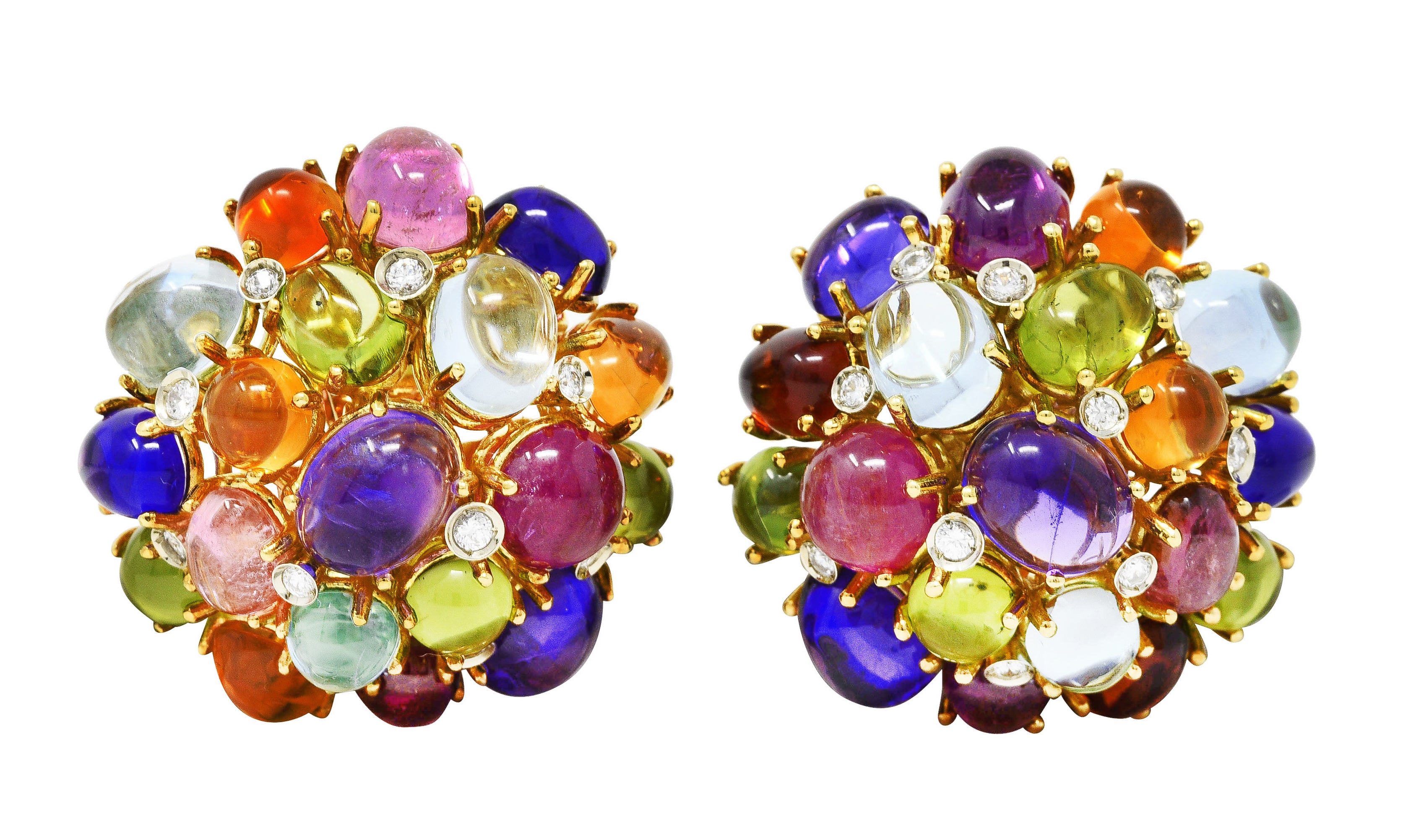 Valentino Amethyst Citrine Peridot Tourmaline 18 Karat Two-Tone Gold Vintage Cabochon Cluster Earrings Wilson's Estate Jewelry