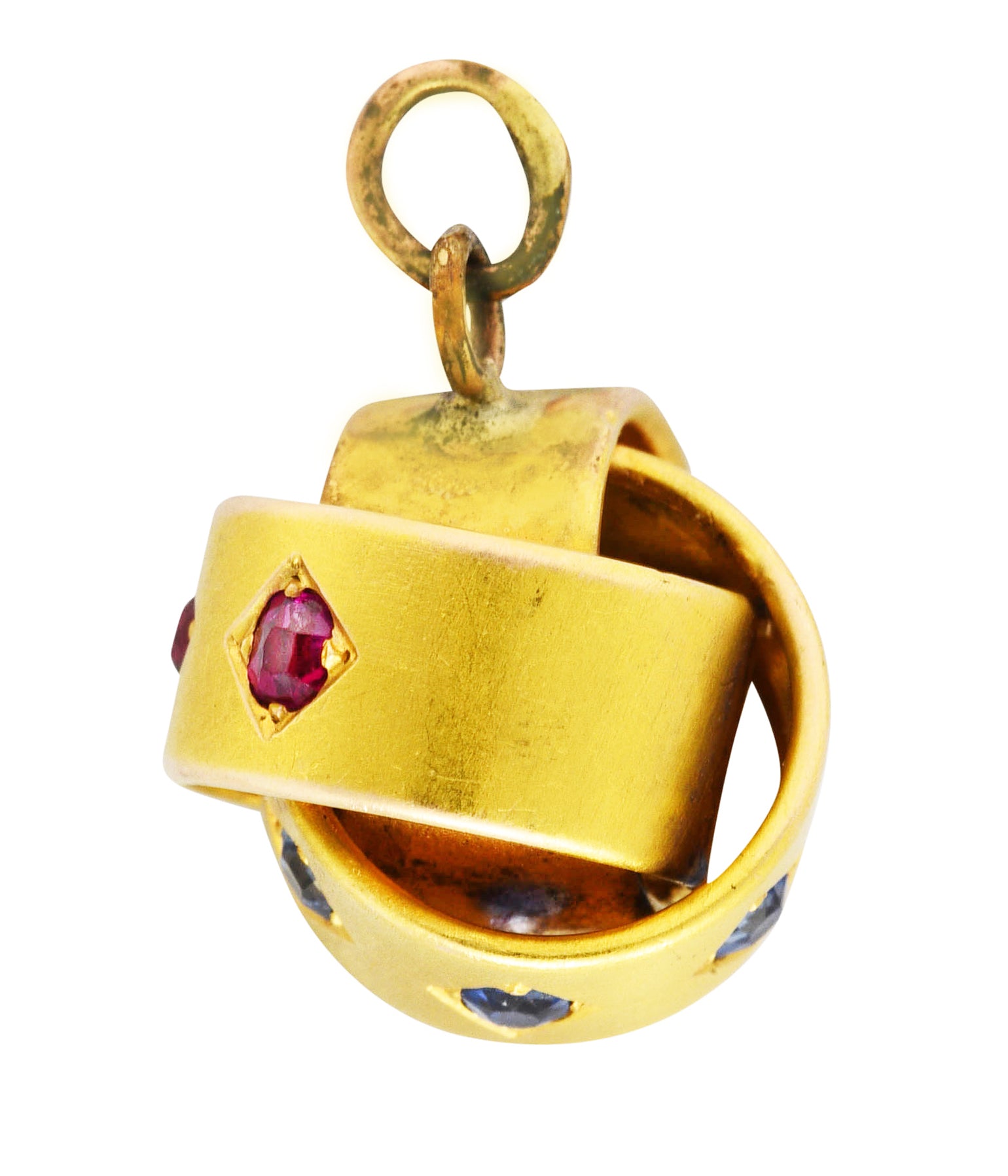 Victorian 0.80 CTW Ruby Sapphire Diamond 18 Karat Yellow Gold Triple Loop Antique Knot Charm Wilson's Estate Jewelry