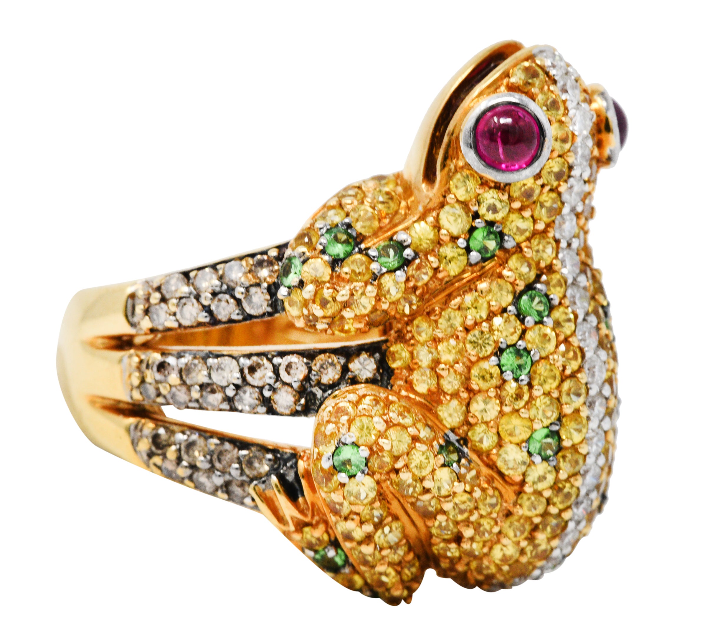 Contemporary 5.54 CTW Diamond Sapphire Tsavorite Ruby 18 Karat Gold Frog RingRing - Wilson's Estate Jewelry