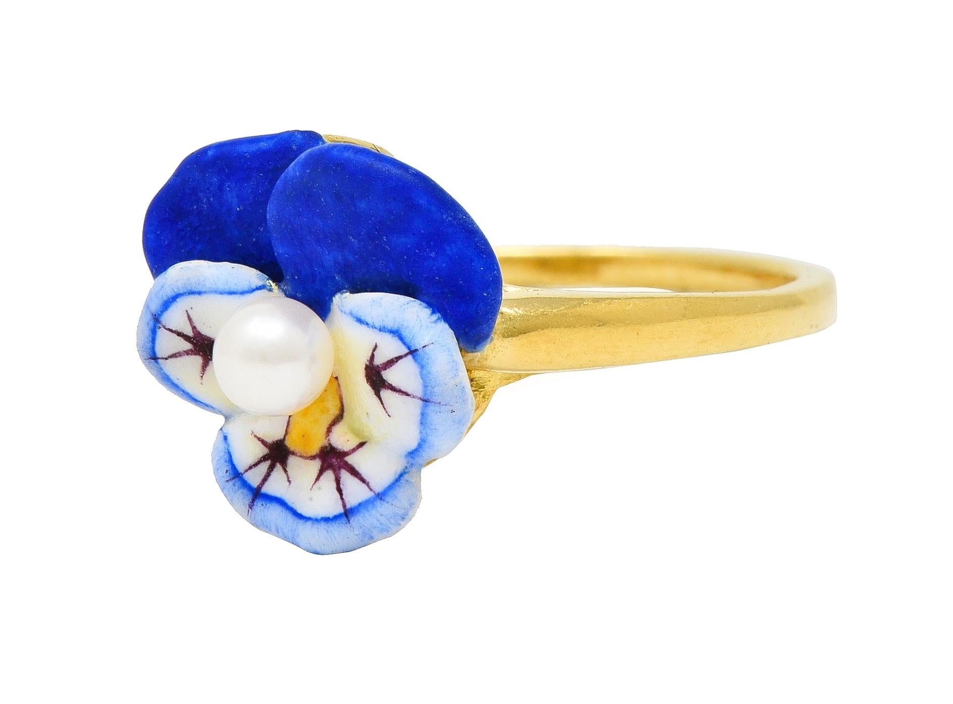 Larter & Sons Art Nouveau Pearl Enamel 18 Karat Yellow Gold Pansy Ring