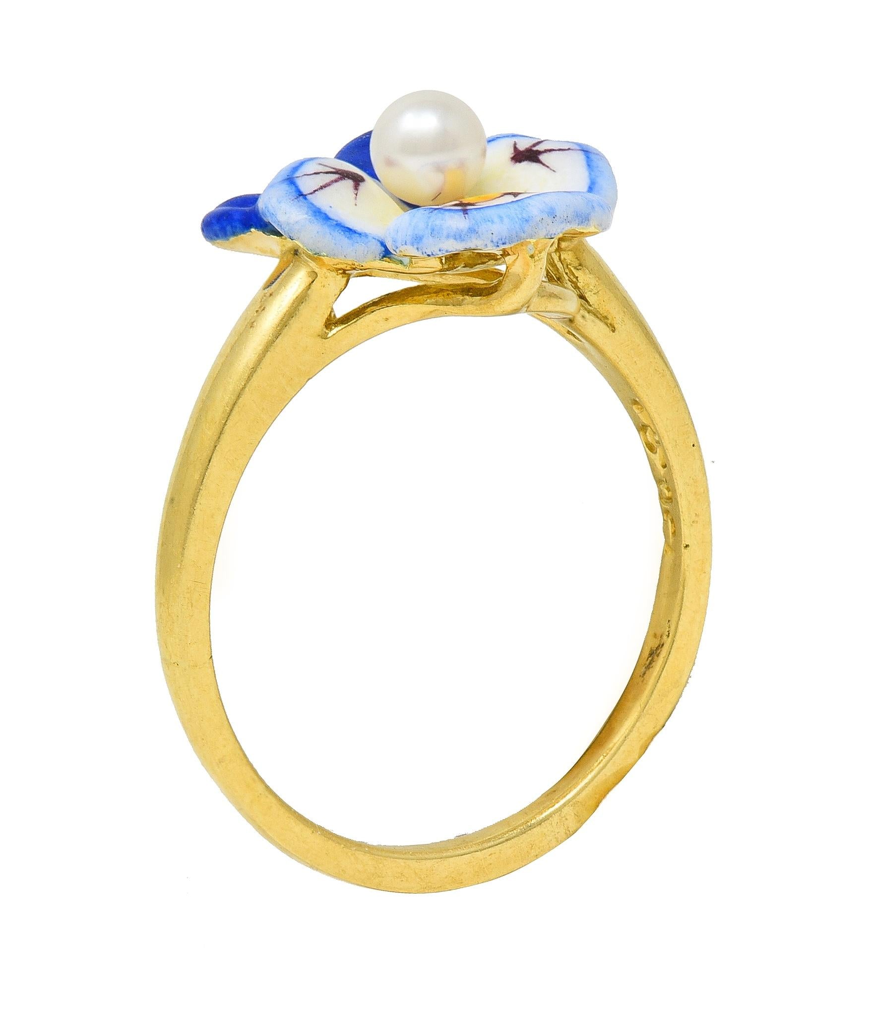 Larter & Sons Art Nouveau Pearl Enamel 18 Karat Yellow Gold Pansy Ring