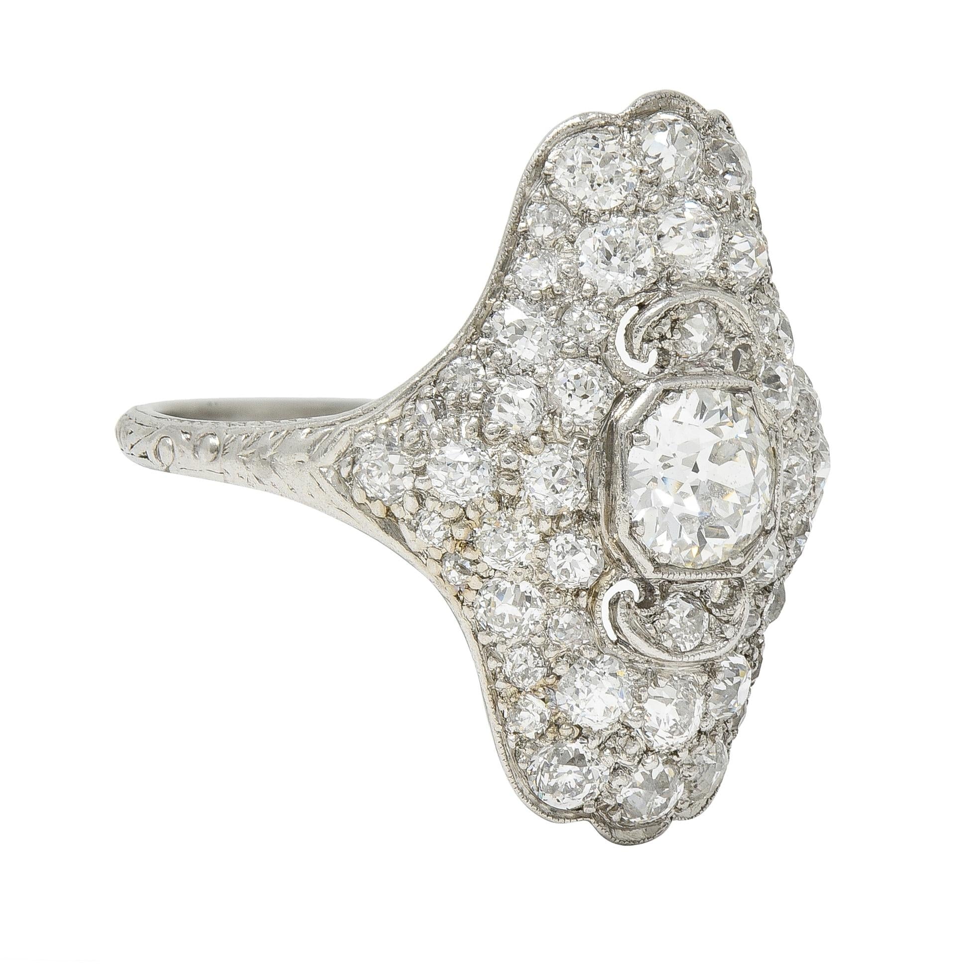 Late Edwardian 1.91 CTW Diamond Platinum Scroll Antique Dinner Ring