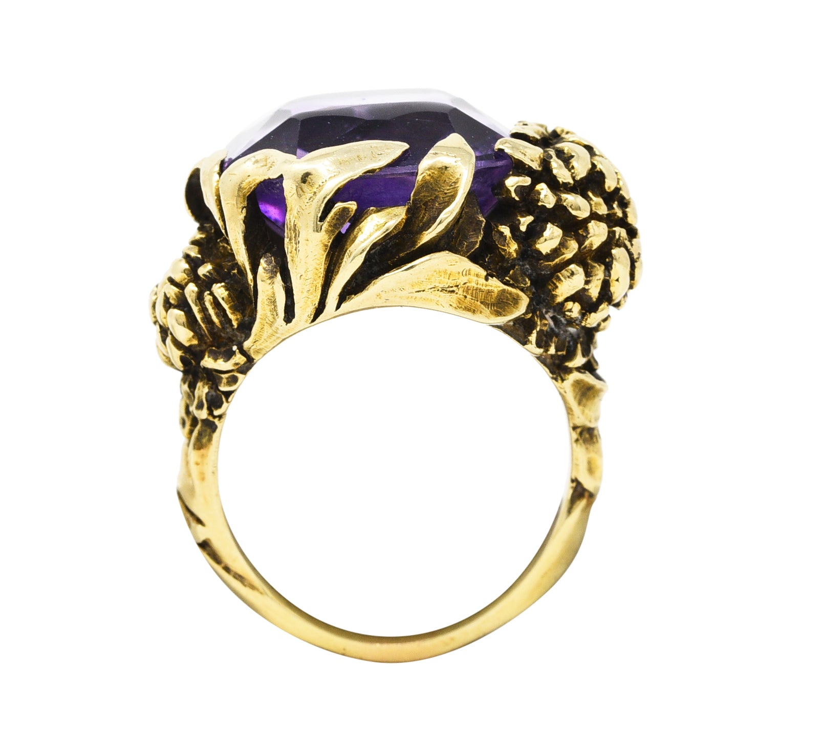 Art Nouveau Amethyst 14 Karat Yellow Gold Chrysanthemum Antique Flower Ring Wilson's Estate Jewelry