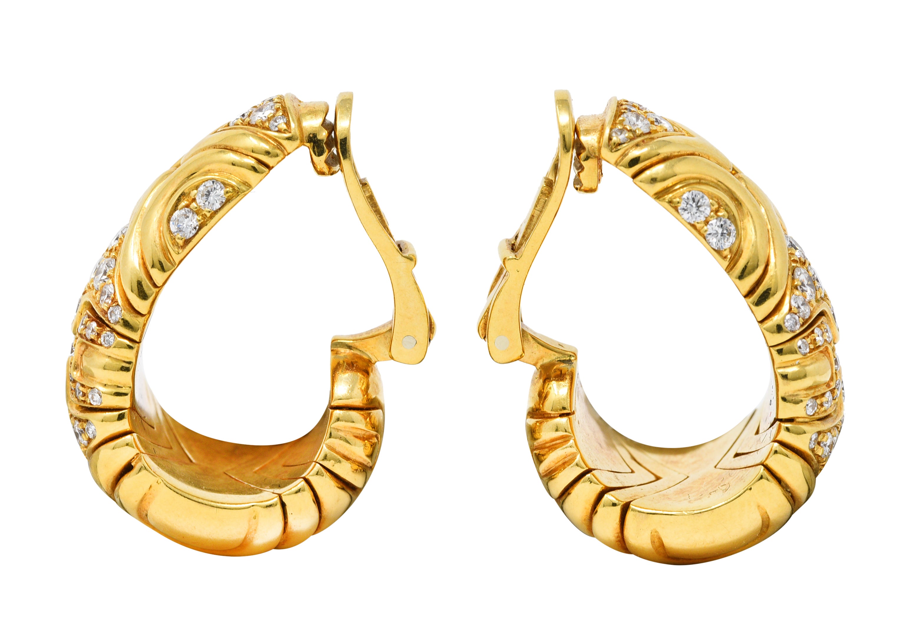 Bulgari 1989 2.04 CTW Diamond 18 Karat Yellow Gold Parentesi Vintage J-Hoop Ear-Clip Earrings Wilson's Estate Jewelry