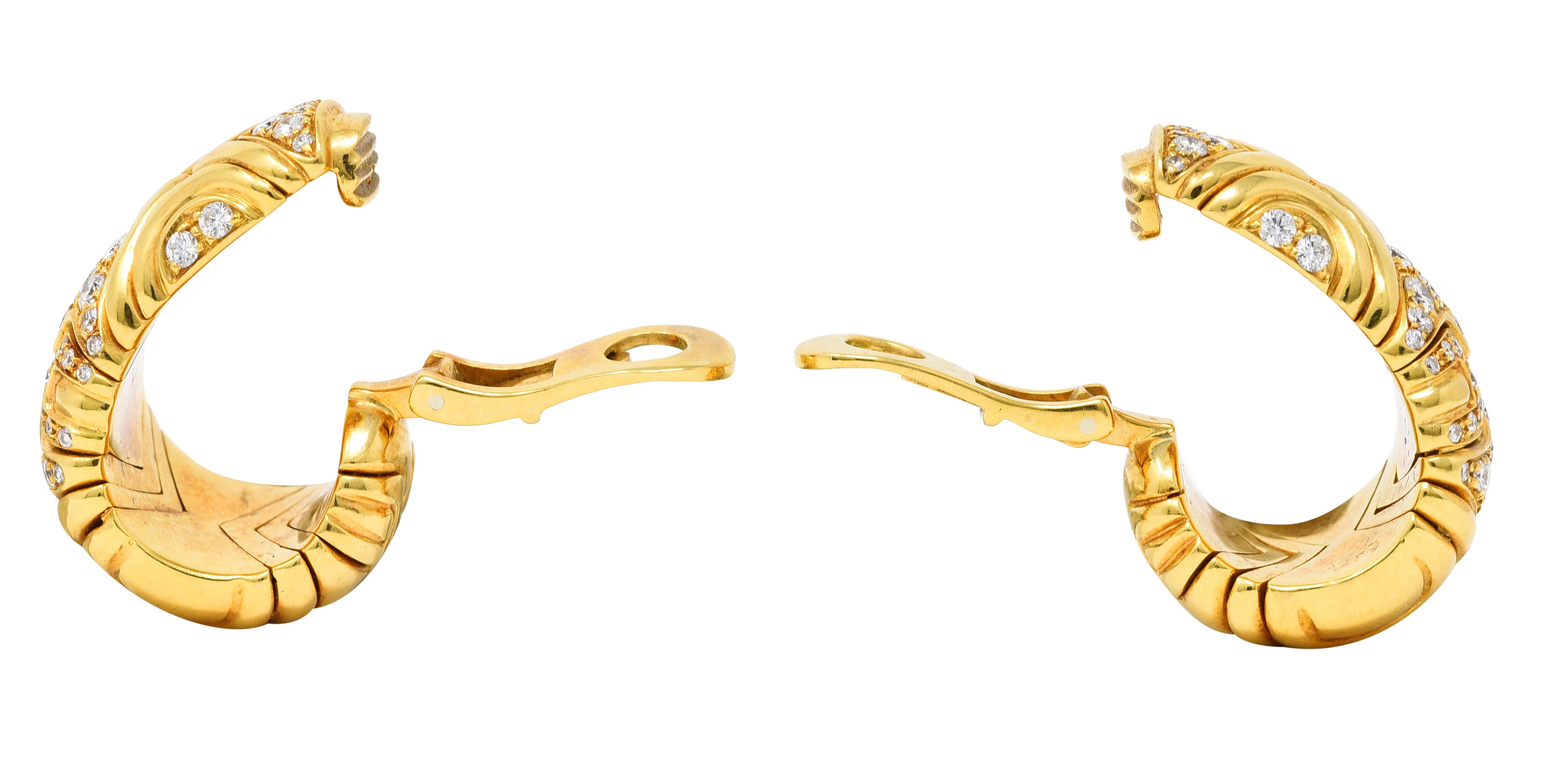 Bulgari 1989 2.04 CTW Diamond 18 Karat Yellow Gold Parentesi Vintage J-Hoop Ear-Clip Earrings Wilson's Estate Jewelry