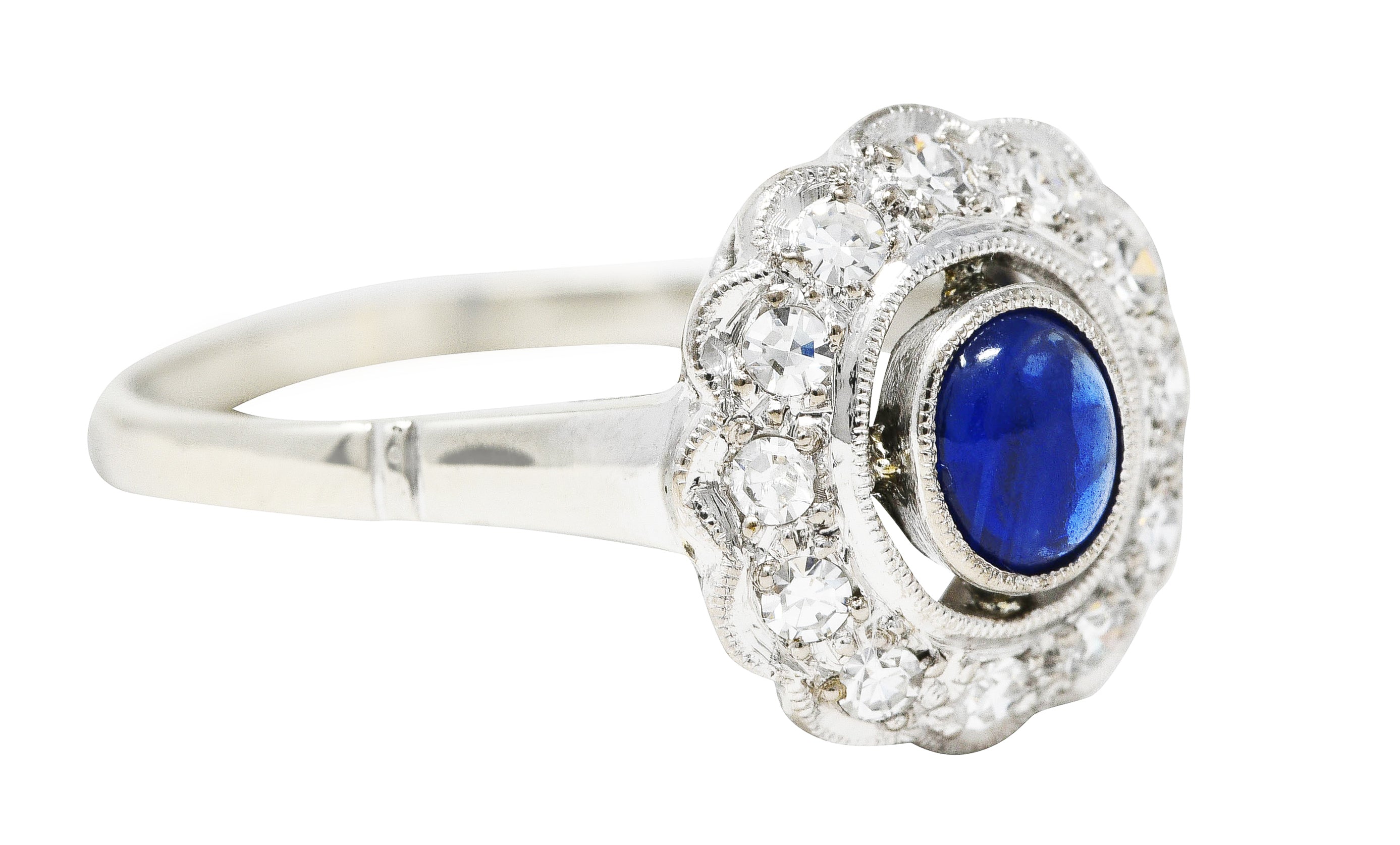 Art Deco 0.80 CTW Sapphire Cabochon Diamond 18 Karat White Gold Cluster Ring Wilson's Estate Jewelry