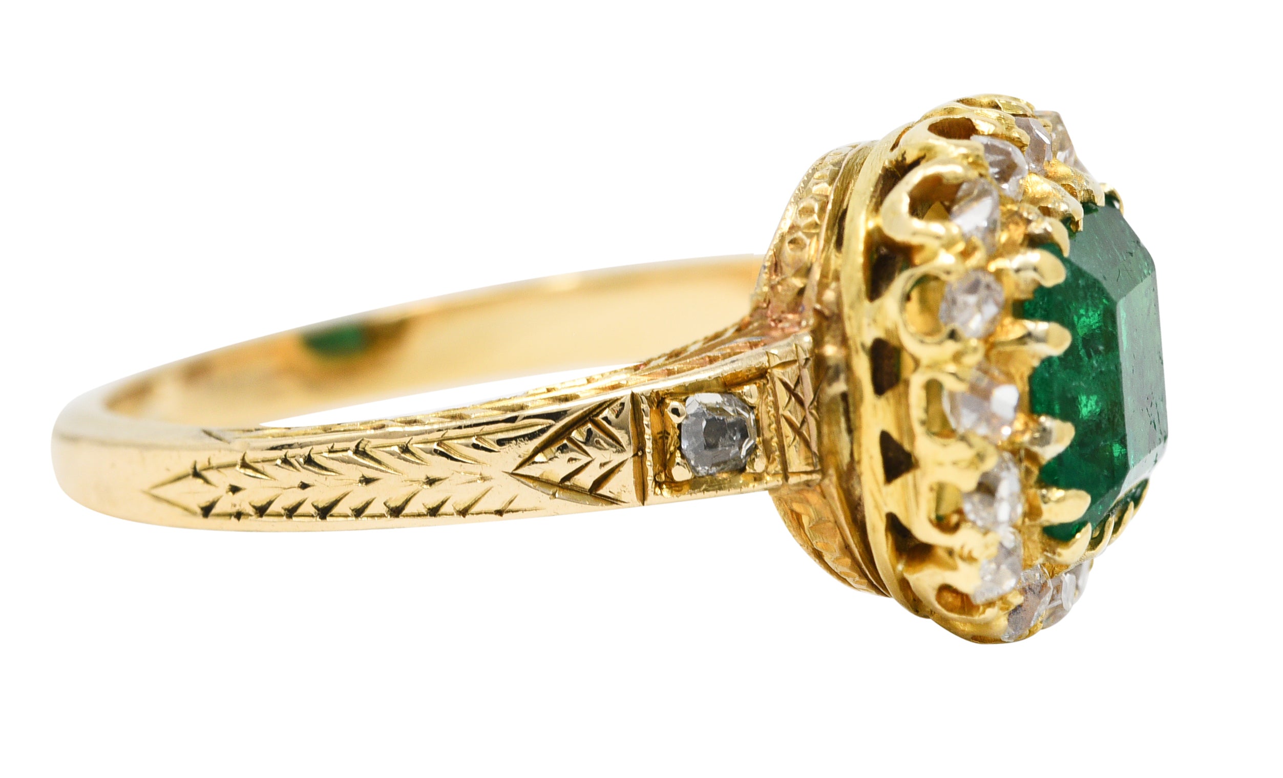 Victorian 2.12 CTW Emerald Old Mine Cut Diamond 14 Karat Yellow Gold Wheat Antique Halo Ring Wilson's Estate Jewelry