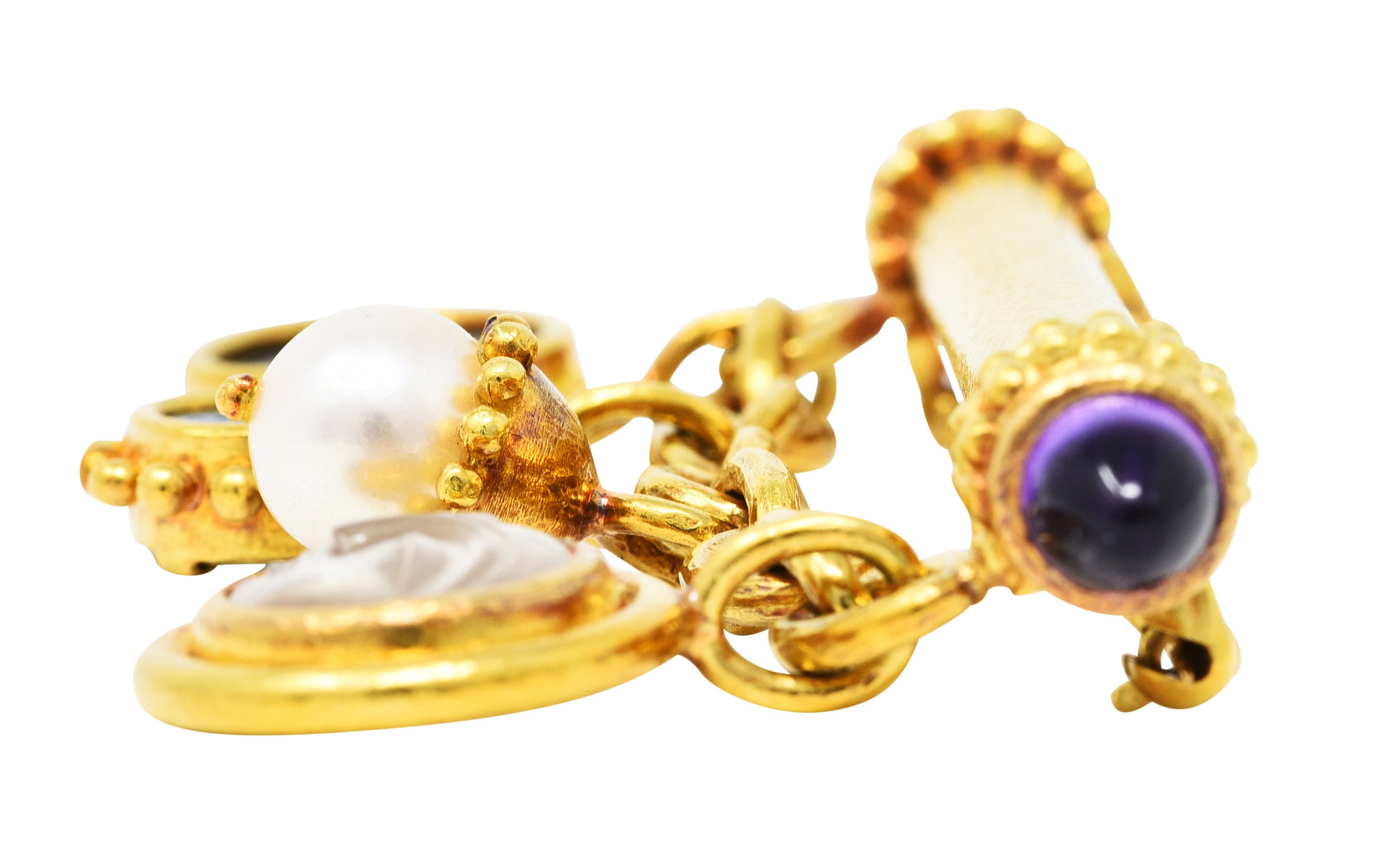 Elizabeth Locke Amethyst Pearl 18 Karat Gold Swagged Charm Bar BroochBrooch - Wilson's Estate Jewelry