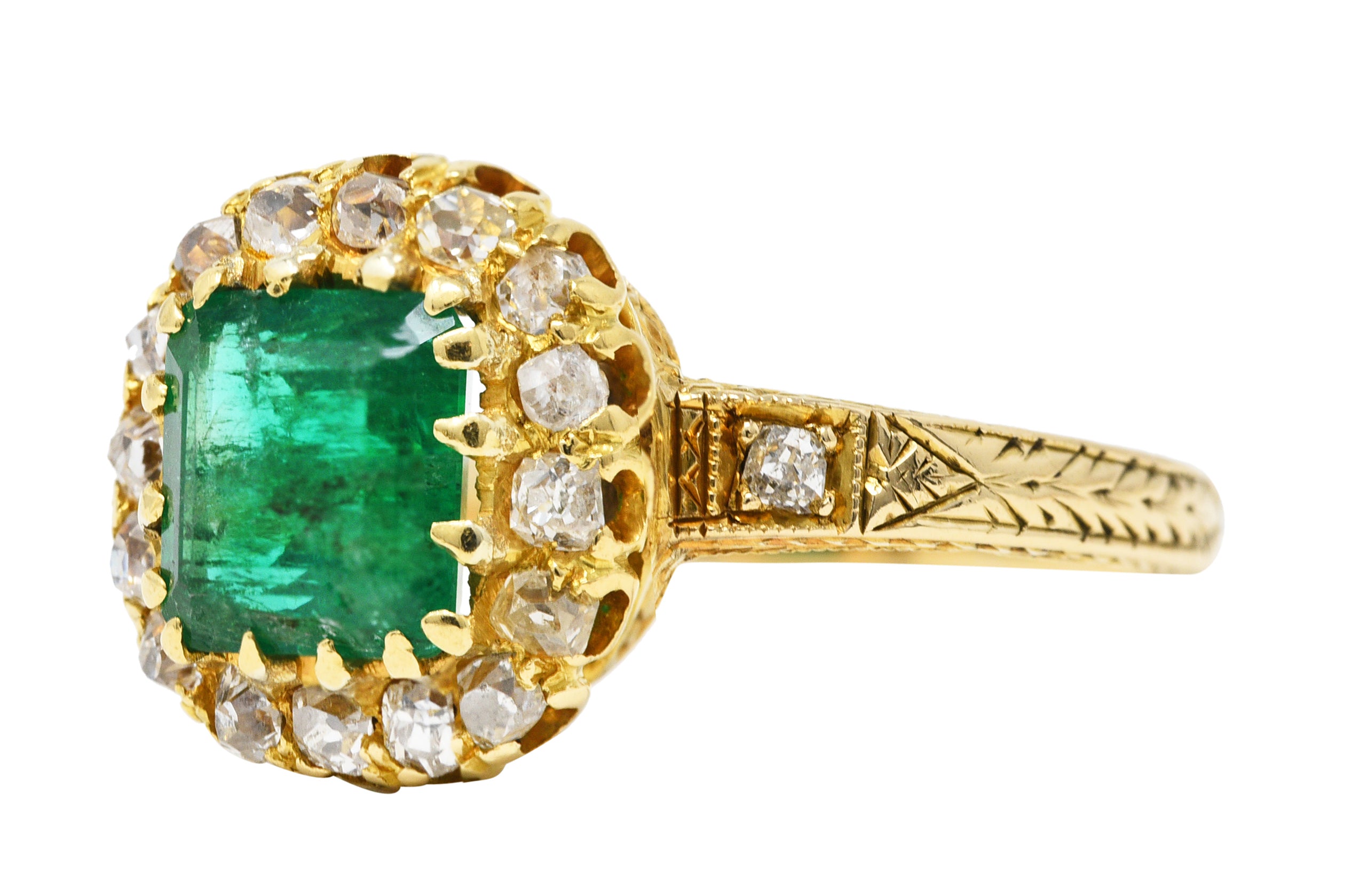 Victorian 2.12 CTW Emerald Old Mine Cut Diamond 14 Karat Yellow Gold Wheat Antique Halo Ring Wilson's Estate Jewelry