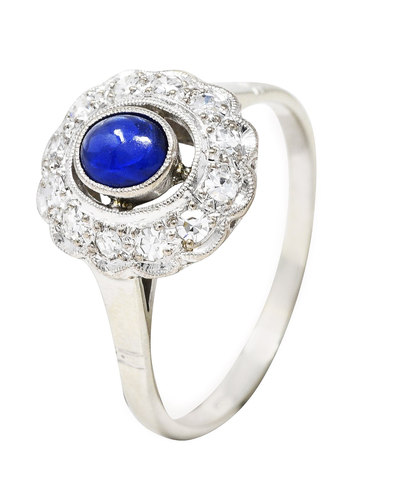 Art Deco 0.80 CTW Sapphire Cabochon Diamond 18 Karat White Gold Cluster Ring Wilson's Estate Jewelry