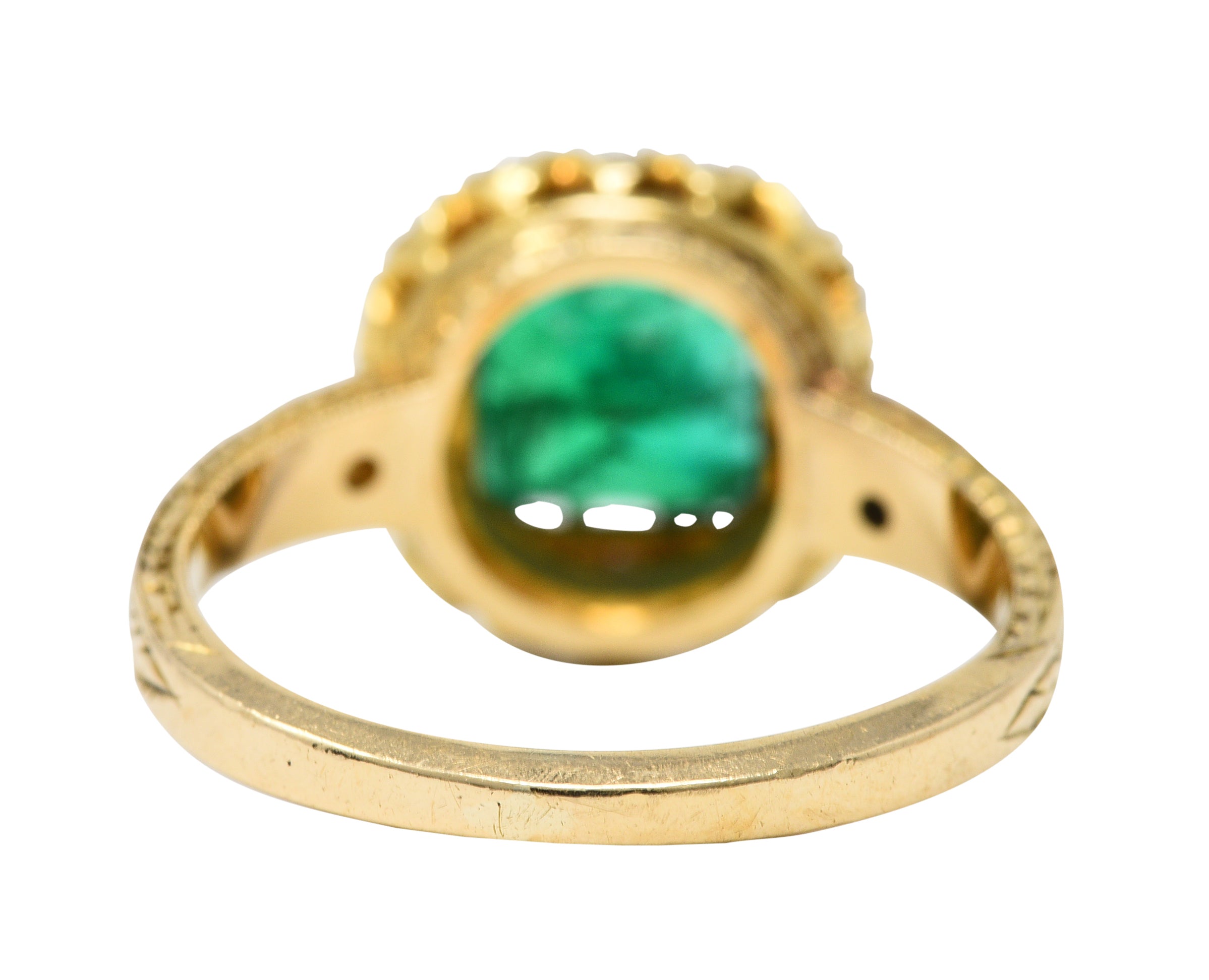 Victorian 2.12 CTW Emerald Old Mine Cut Diamond 14 Karat Yellow Gold Wheat Antique Halo Ring Wilson's Estate Jewelry