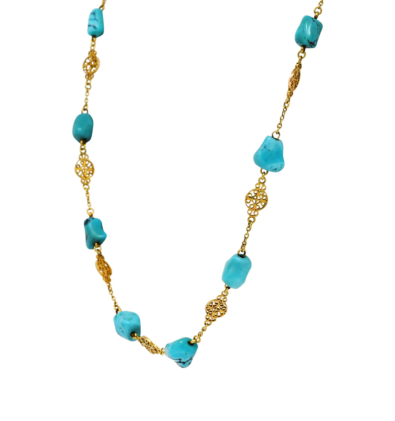 Late Victorian Turquoise 14 Karat Gold Station Necklace Circa 1900Necklace - Wilson's Estate Jewelry