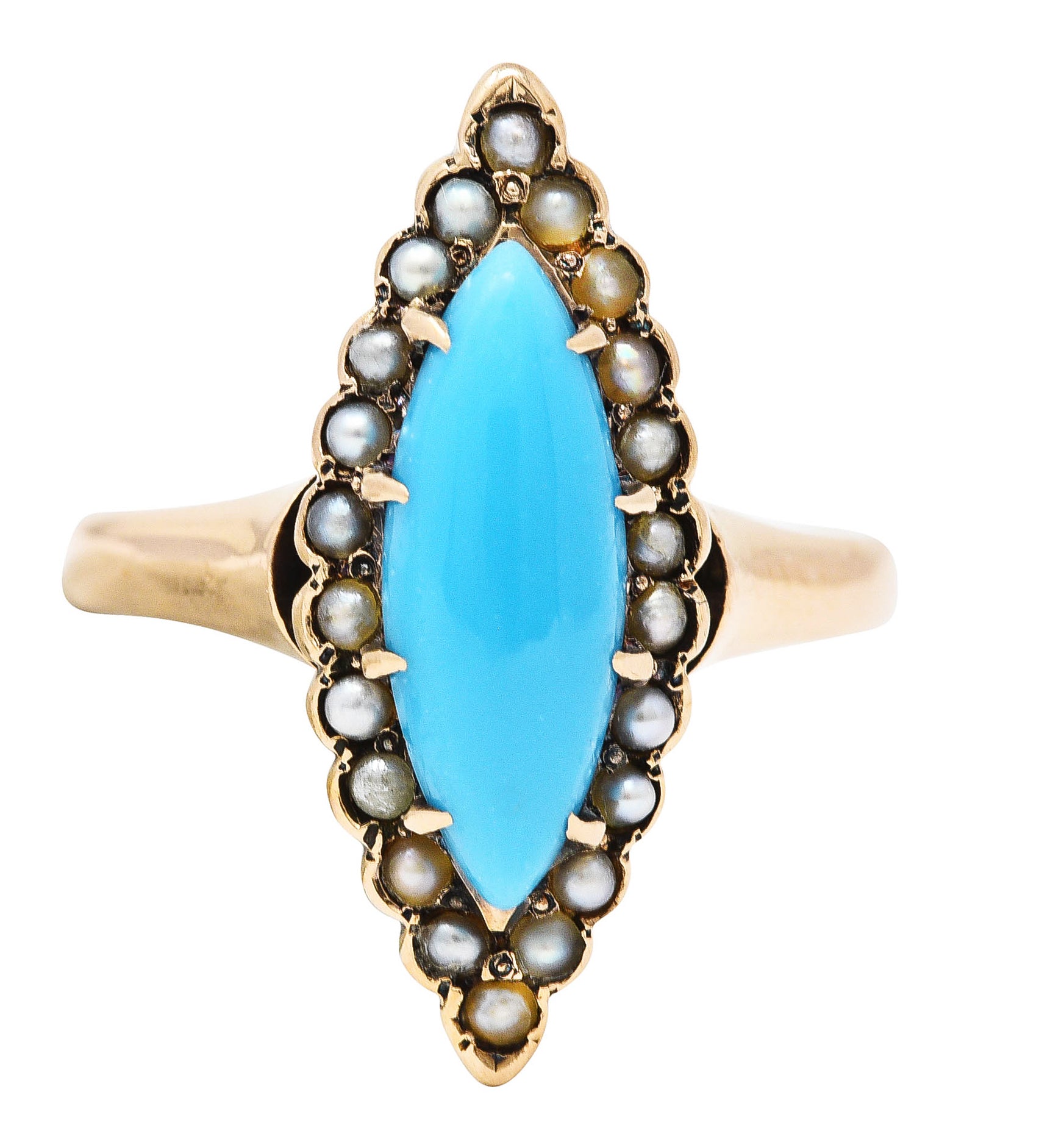 Victorian Turquoise Pearl 10 Karat Rose Gold Antique Navette Halo Ring Wilson's Estate Jewelry