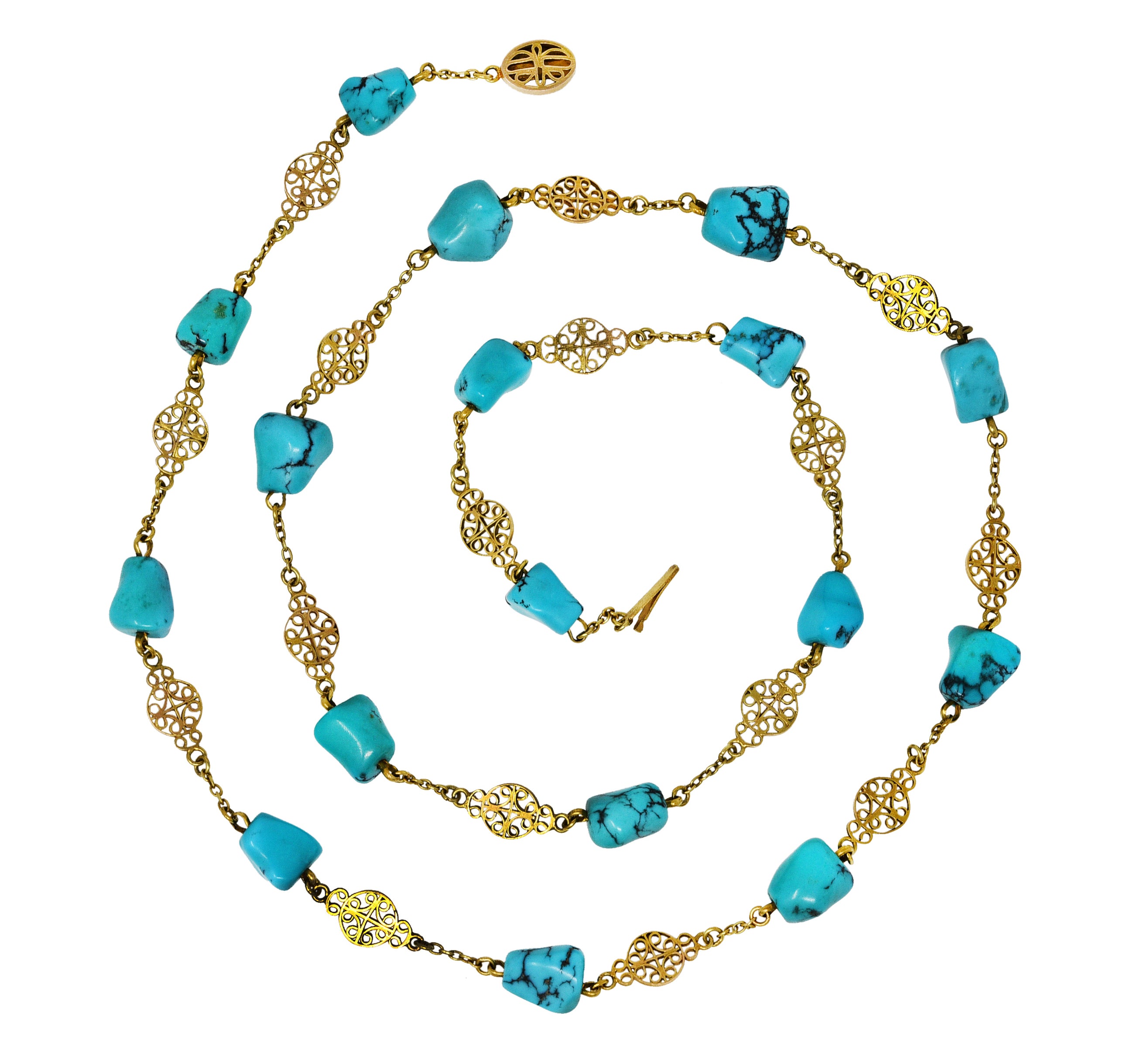 Late Victorian Turquoise 14 Karat Gold Station Necklace Circa 1900Necklace - Wilson's Estate Jewelry