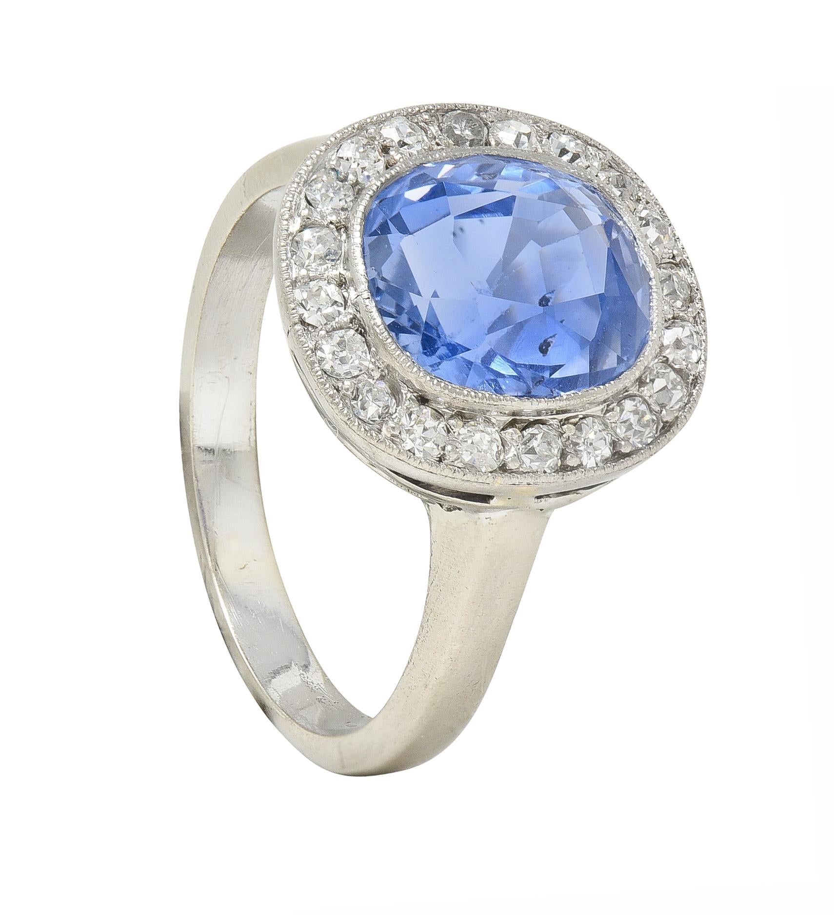 Art Deco 4.11 CTW No Heat Ceylon Sapphire Diamond 14 Karat Gold Halo Ring GIA