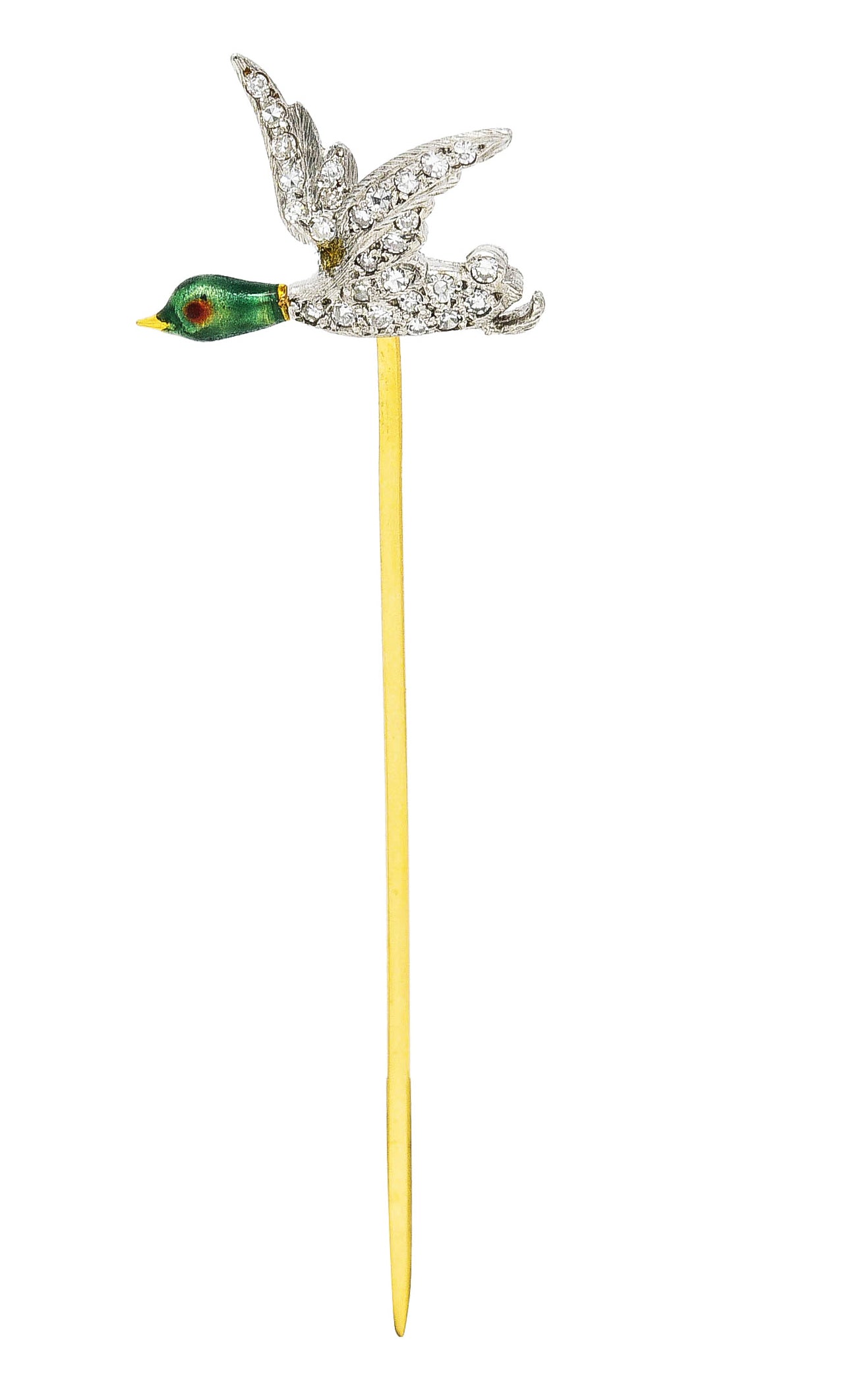 Mcteigue Vintage Diamond Enamel Platinum 18 Karat Gold Mallard Duck Stickpin Wilson's Estate Jewelry