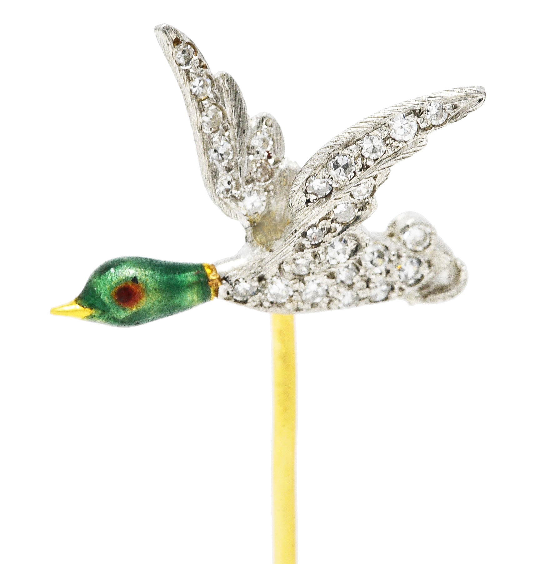 Mcteigue Vintage Diamond Enamel Platinum 18 Karat Gold Mallard Duck Stickpin Wilson's Estate Jewelry