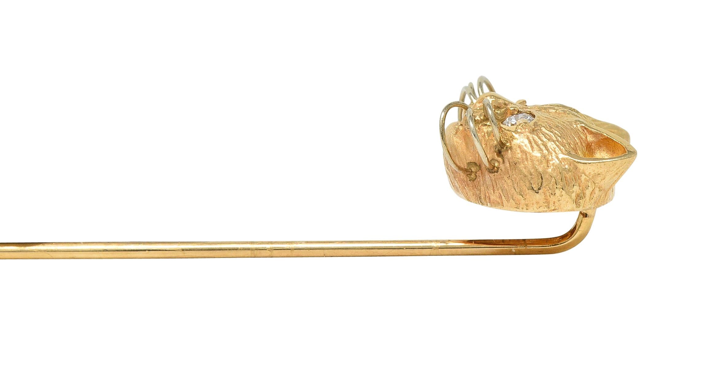 1960's Diamond 14 Karat Yellow Gold Vintage Cat Stickpin