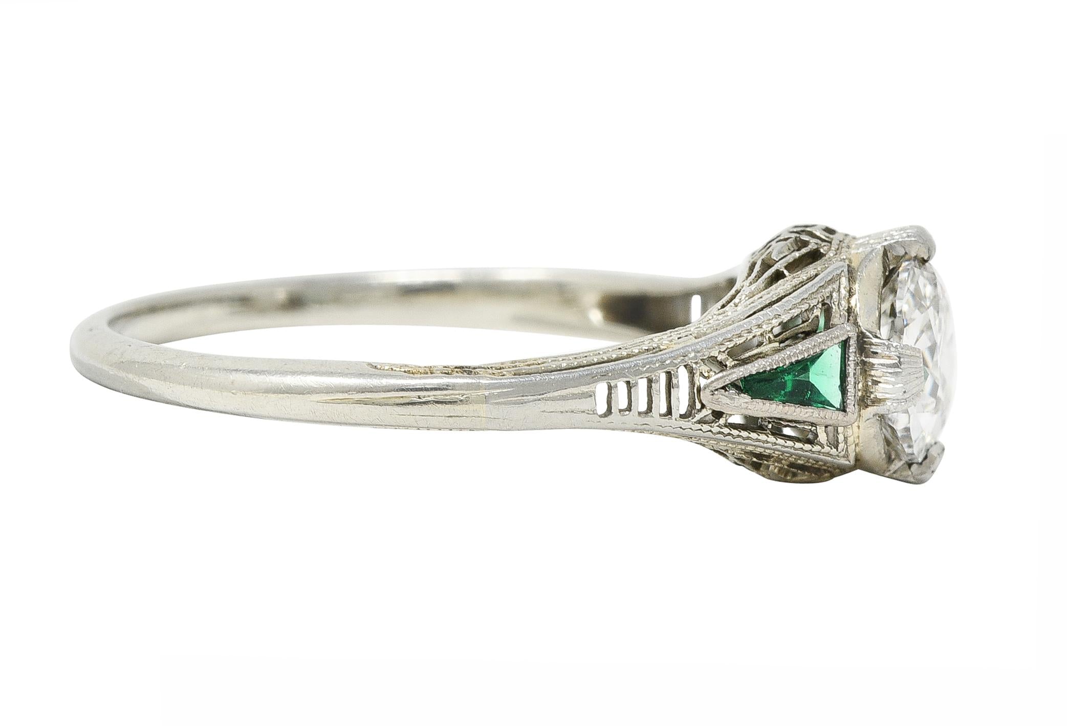 Art Deco .65 CTW Old European Cut Diamond Emerald 18 Karat Engagement Ring