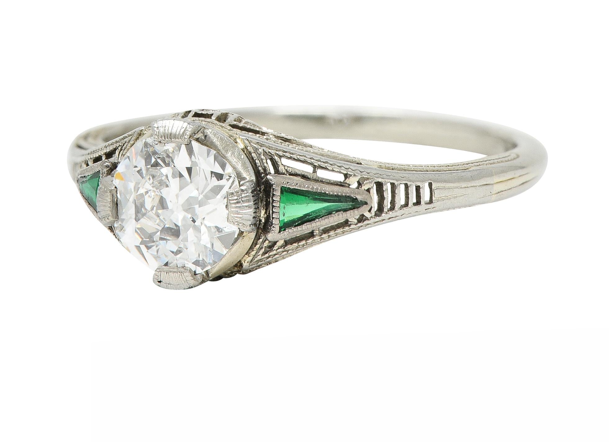 Art Deco .65 CTW Old European Cut Diamond Emerald 18 Karat Engagement Ring