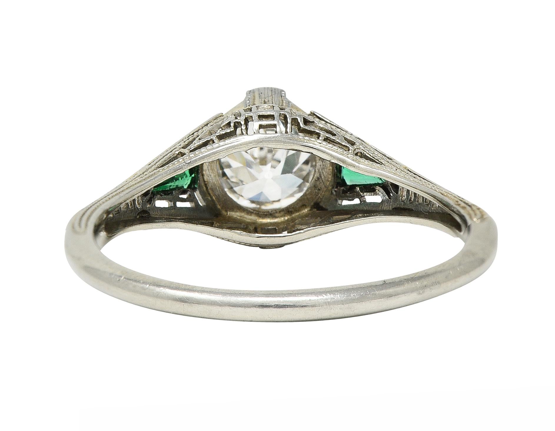 Art Deco .65 CTW Old European Cut Diamond Emerald 18 Karat Engagement Ring