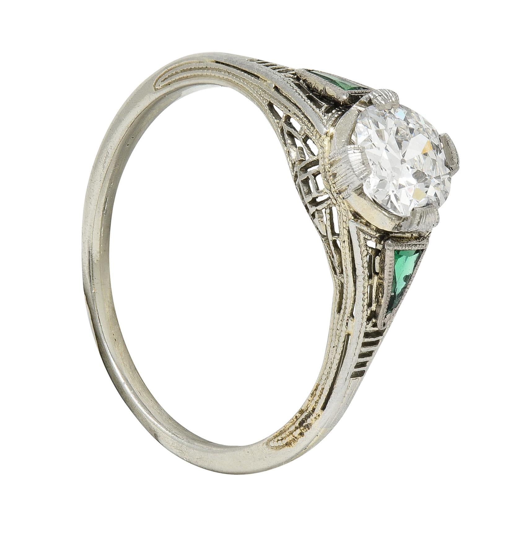 Art Deco .65 CTW Old European Cut Diamond Emerald 18 Karat Engagement Ring