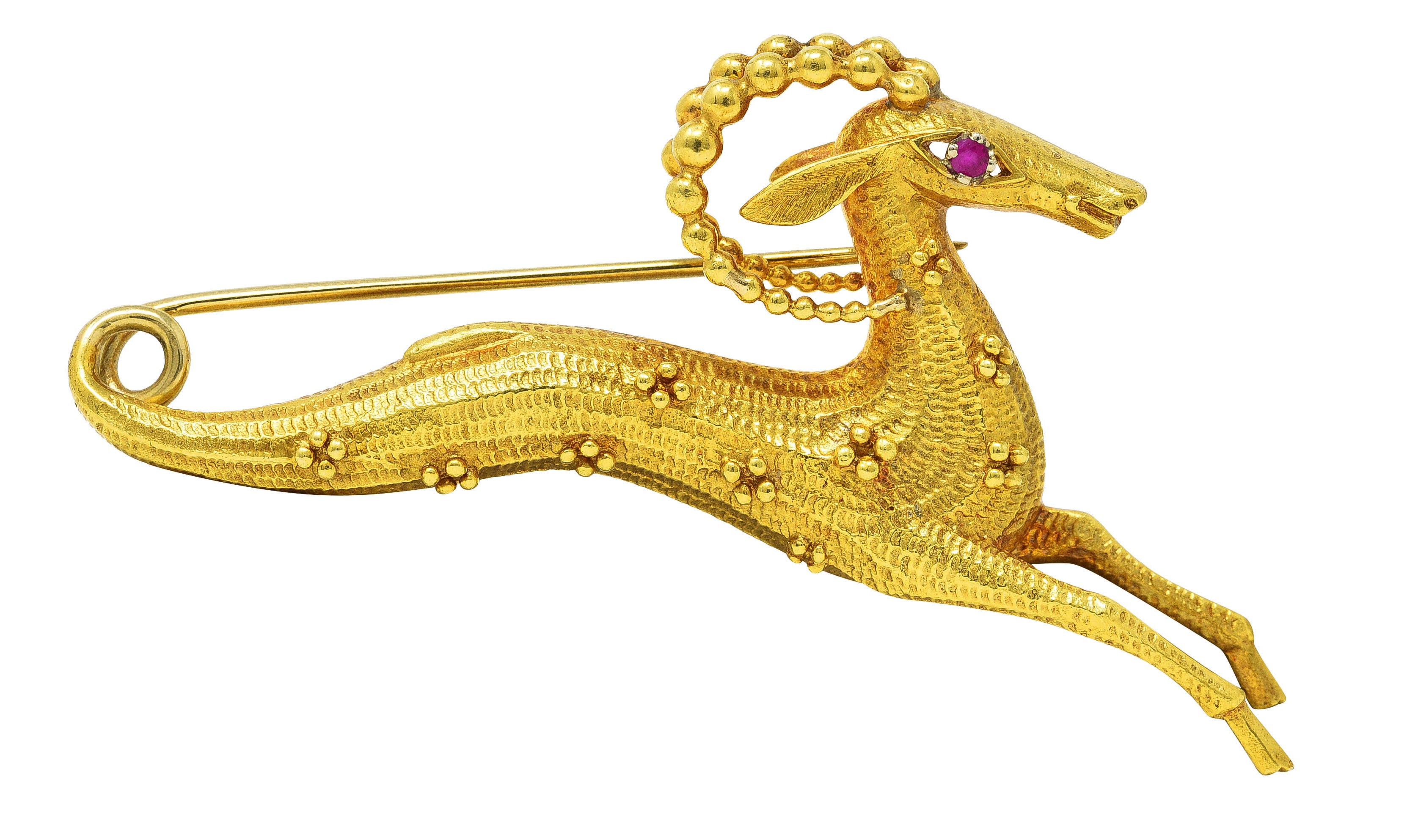 Cartier Ruby 18 Karat Yellow Gold Whimsical Gazelle Vintage Brooch Wilson's Estate Jewelry