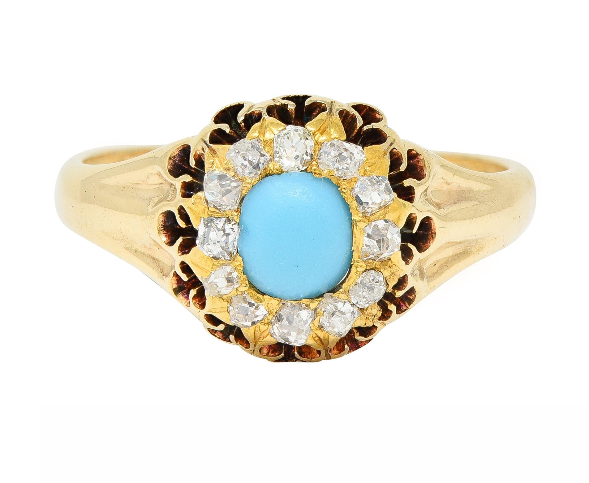 Victorian Old Mine Cut Diamond Turquoise 14 Karat Gold Oak Antique Halo Ring