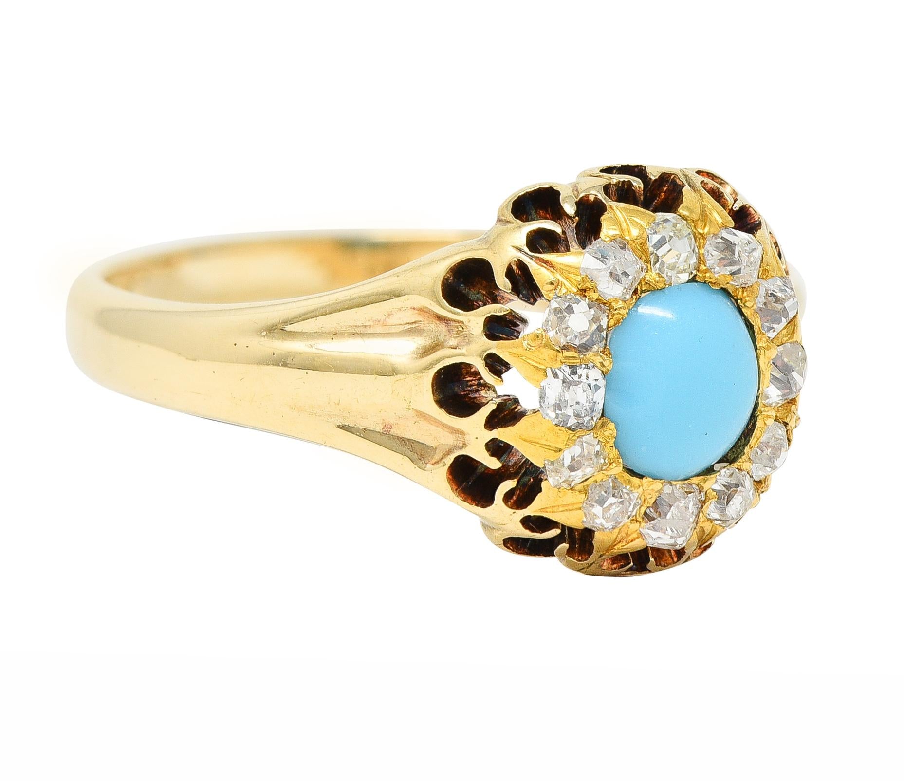 Victorian Old Mine Cut Diamond Turquoise 14 Karat Gold Oak Antique Halo Ring