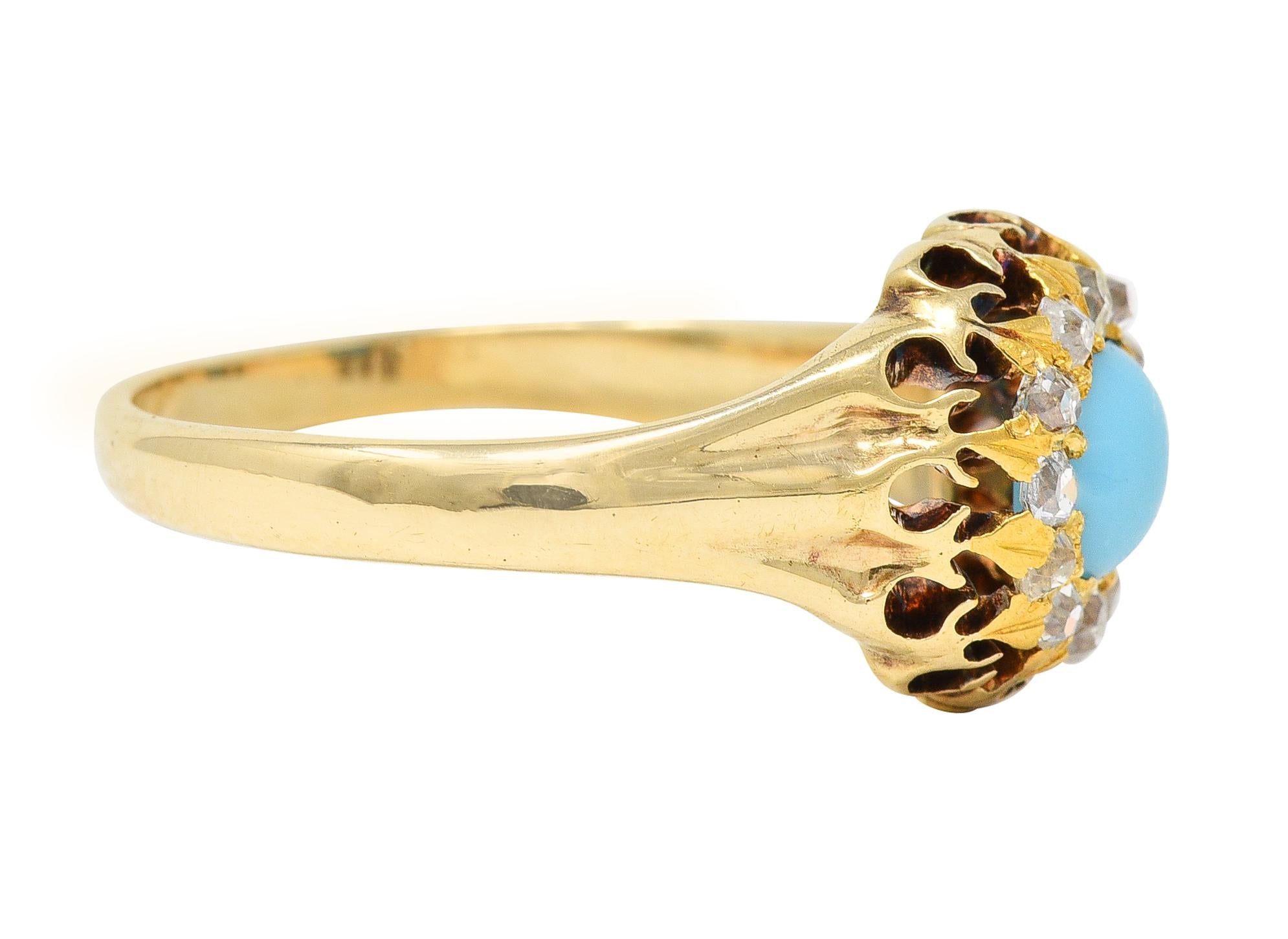 Victorian Old Mine Cut Diamond Turquoise 14 Karat Gold Oak Antique Halo Ring