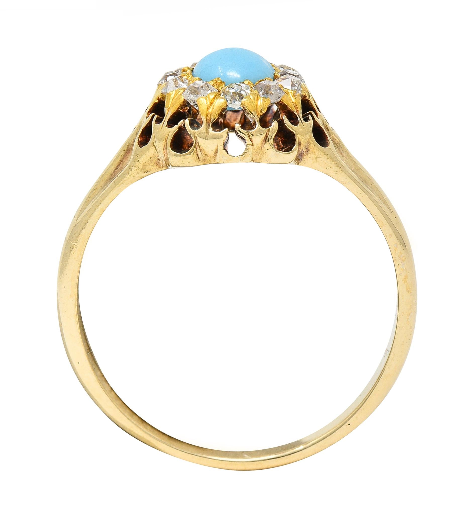 Victorian Old Mine Cut Diamond Turquoise 14 Karat Gold Oak Antique Halo Ring