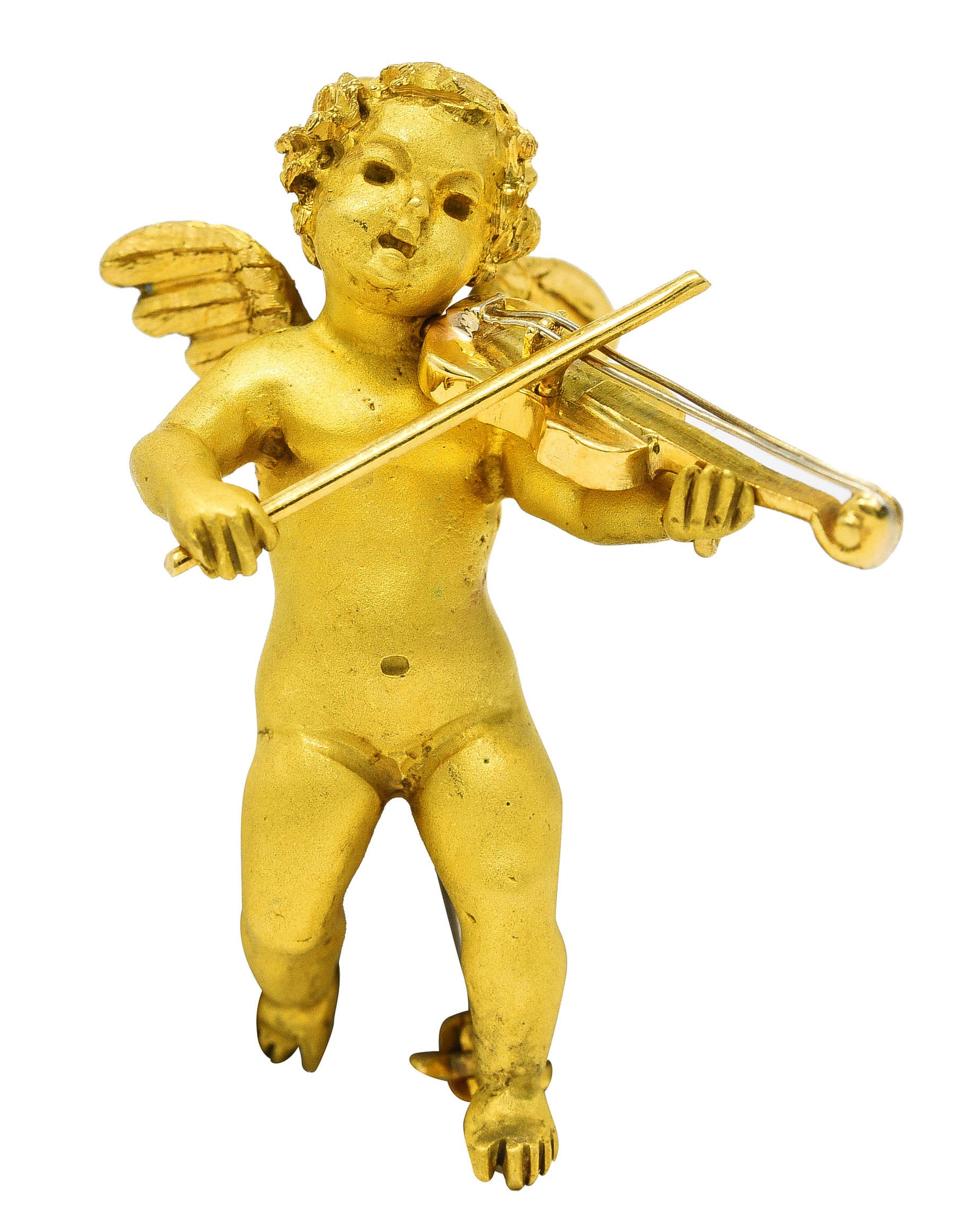 1960's 18 Karat Yellow Gold Cherub Violin Vintage Pendant Brooch Wilson's Estate Jewelry