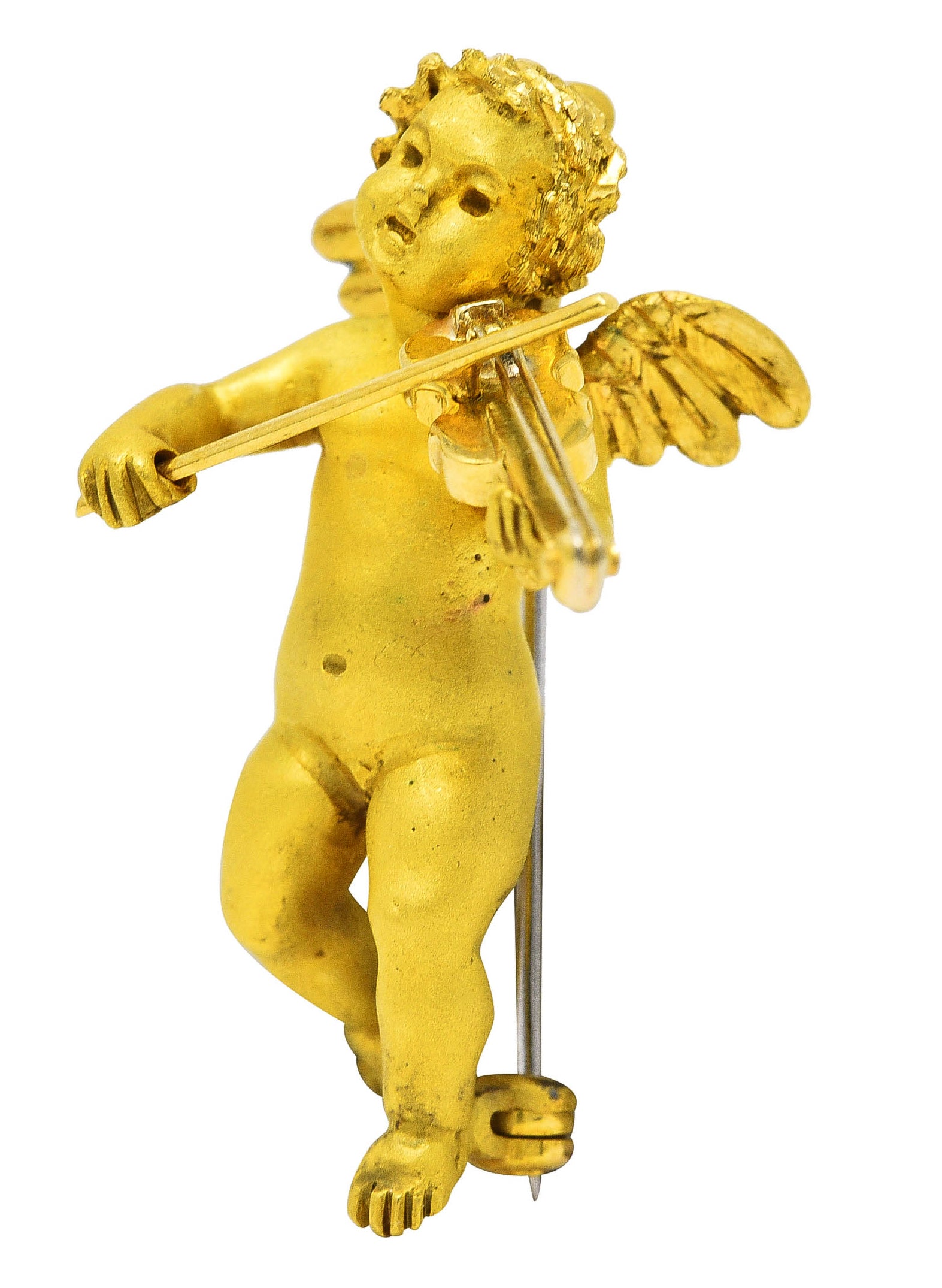 1960's 18 Karat Yellow Gold Cherub Violin Vintage Pendant Brooch Wilson's Estate Jewelry