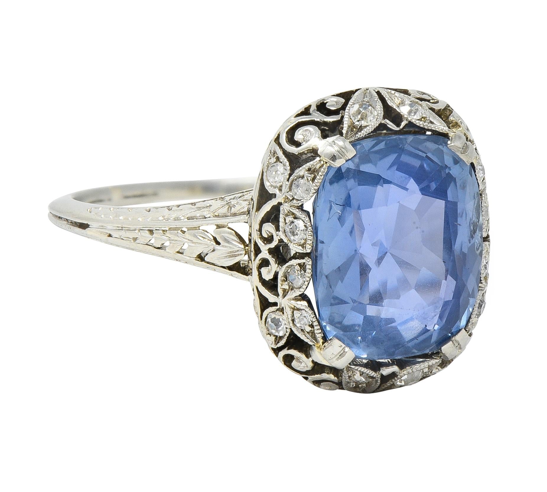 Edwardian 5.15 CTW No Heat Ceylon Sapphire Diamond Platinum Antique Ring GIA