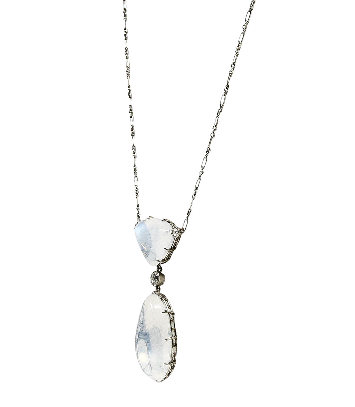 Art Deco Old Mine Diamond Moonstone Platinum Drop Antique Station Necklace Wilson's Estate Jewelry