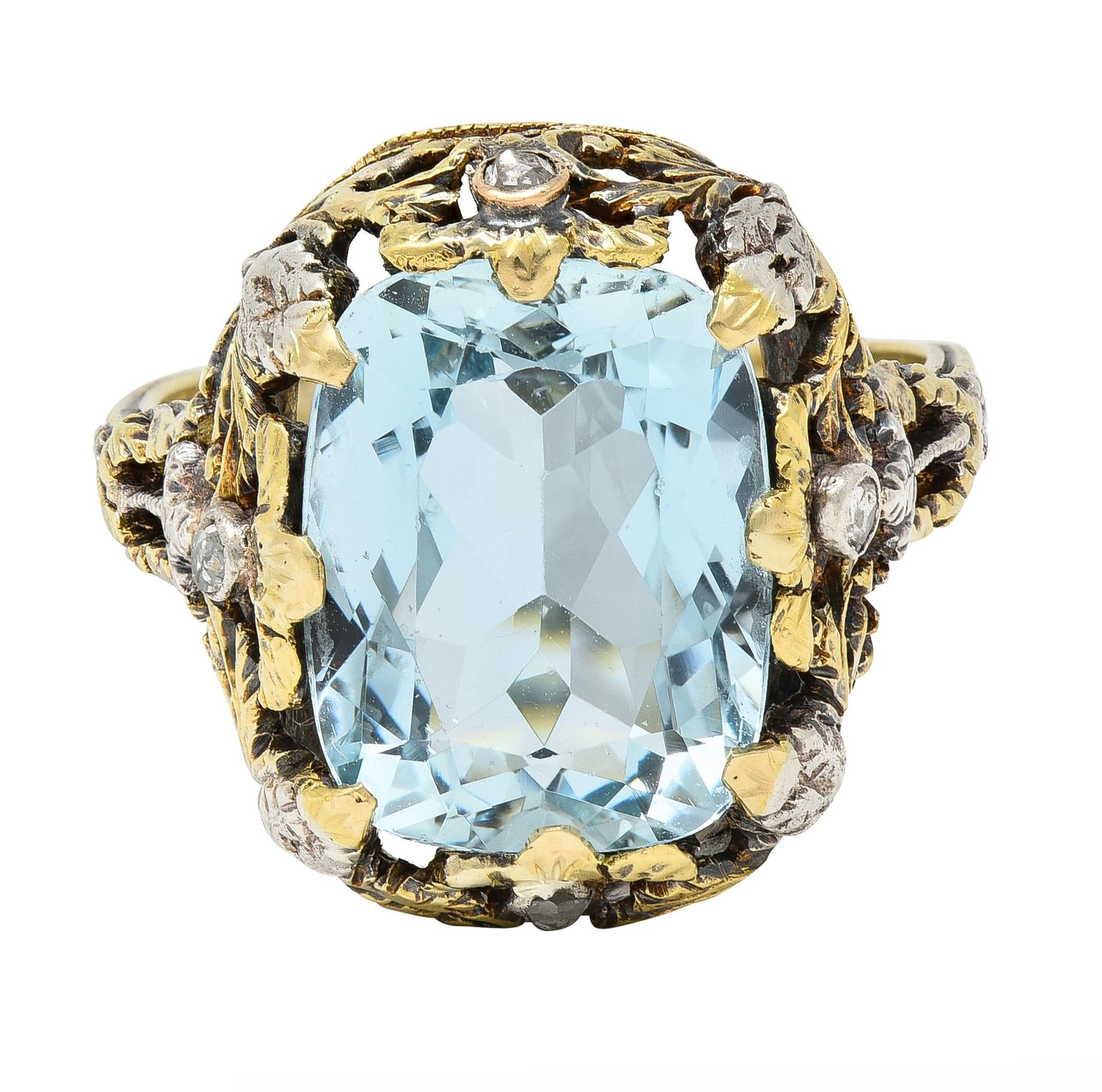 Victorian 6.52 CTW Aquamarine Diamond 14 Karat Gold Silver Floral Antique Ring