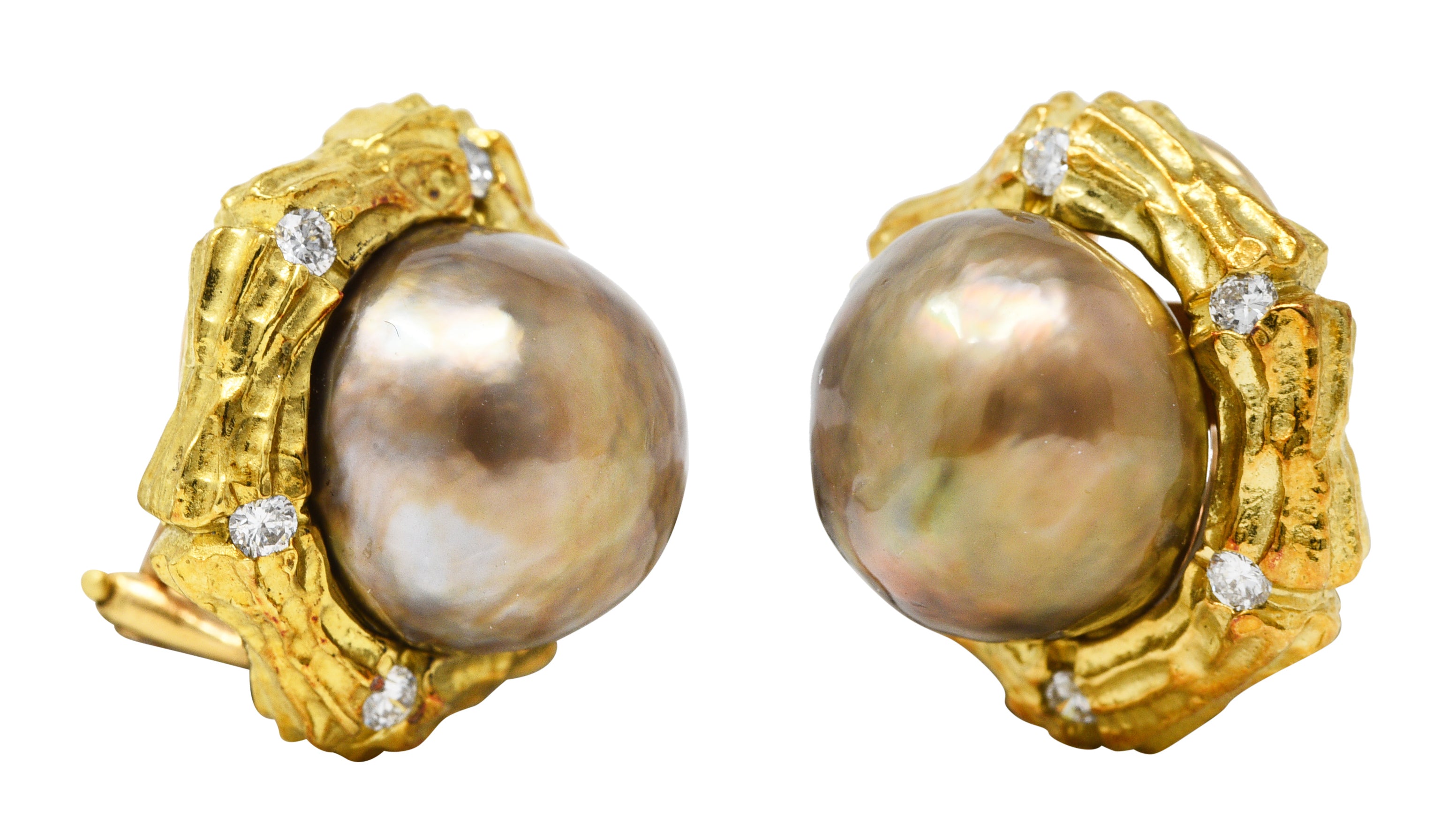 1960's Tahitian Pearl Diamond 14 Karat Yellow Gold Bamboo Vintage Ear-Clip Earrings Wilson's Estate Jewelry