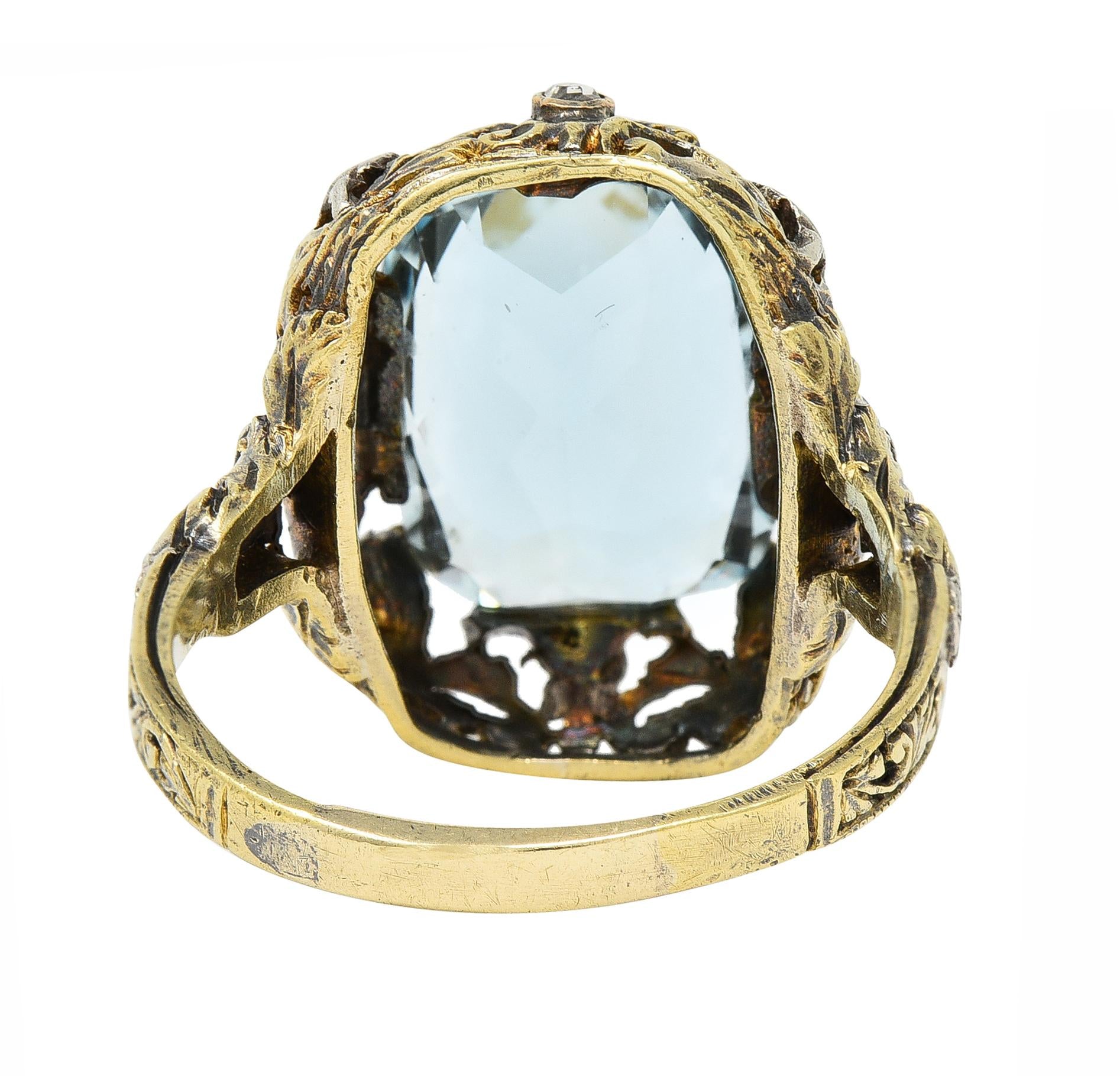 Victorian 6.52 CTW Aquamarine Diamond 14 Karat Gold Silver Floral Antique Ring