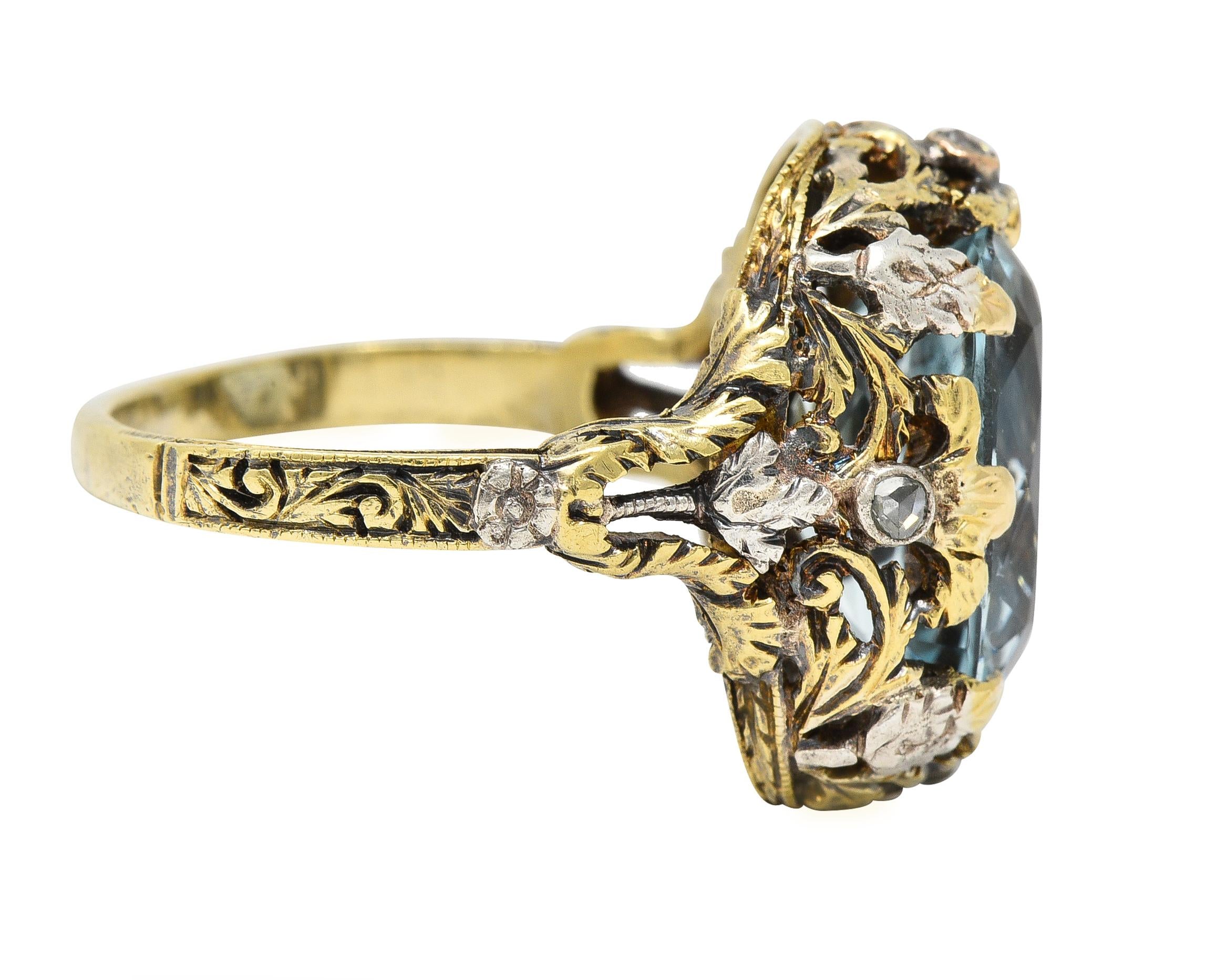 Victorian 6.52 CTW Aquamarine Diamond 14 Karat Gold Silver Floral Antique Ring