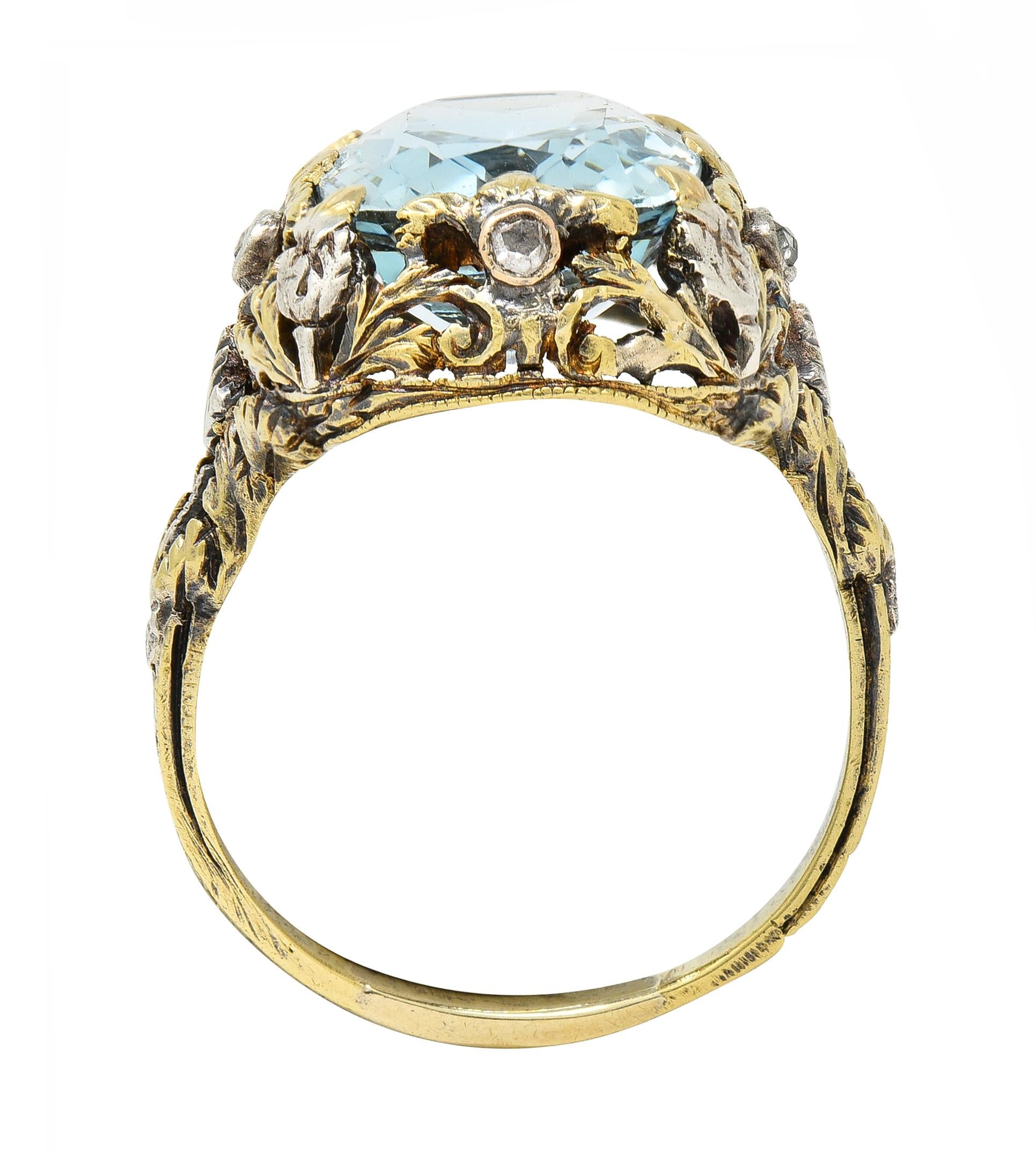 Victorian 6.52 CTW Aquamarine Diamond 14 Karat Gold Silver Floral Antique Ring