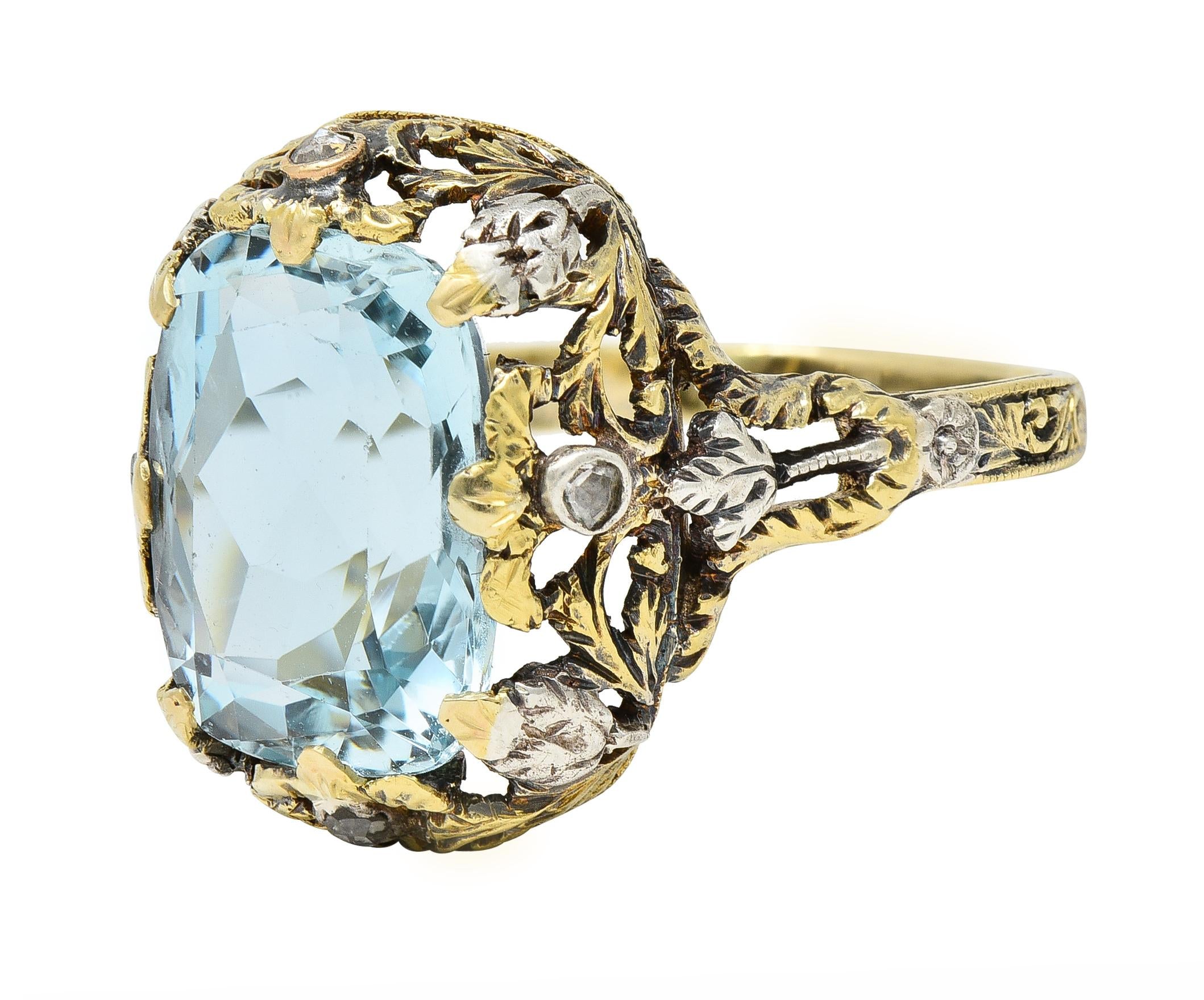 Victorian 6.52 CTW Aquamarine Diamond 14 Karat Gold Silver Floral Antique Ring