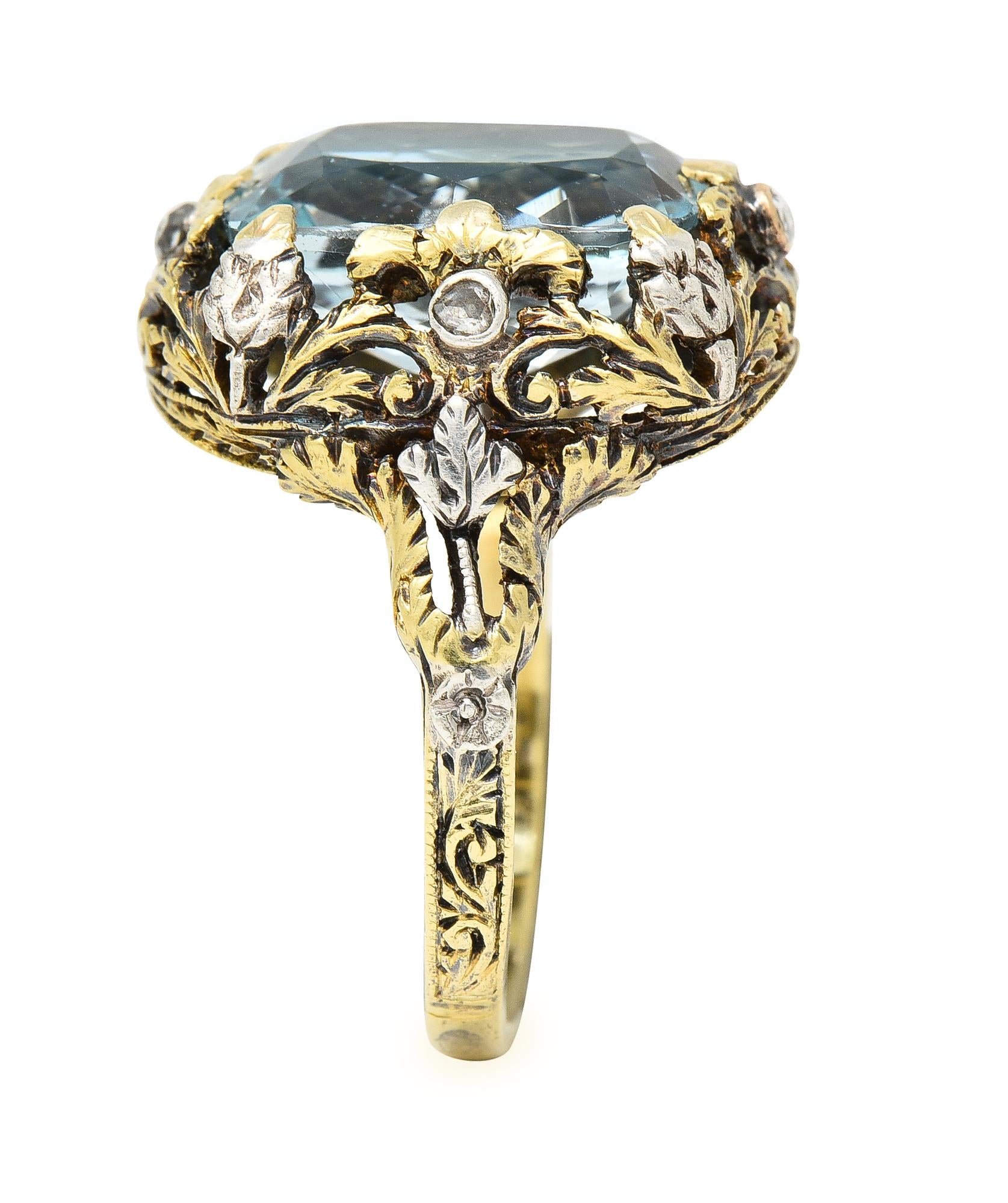 Victorian 6.52 CTW Aquamarine Diamond 14 Karat Gold Silver Floral Antique Ring