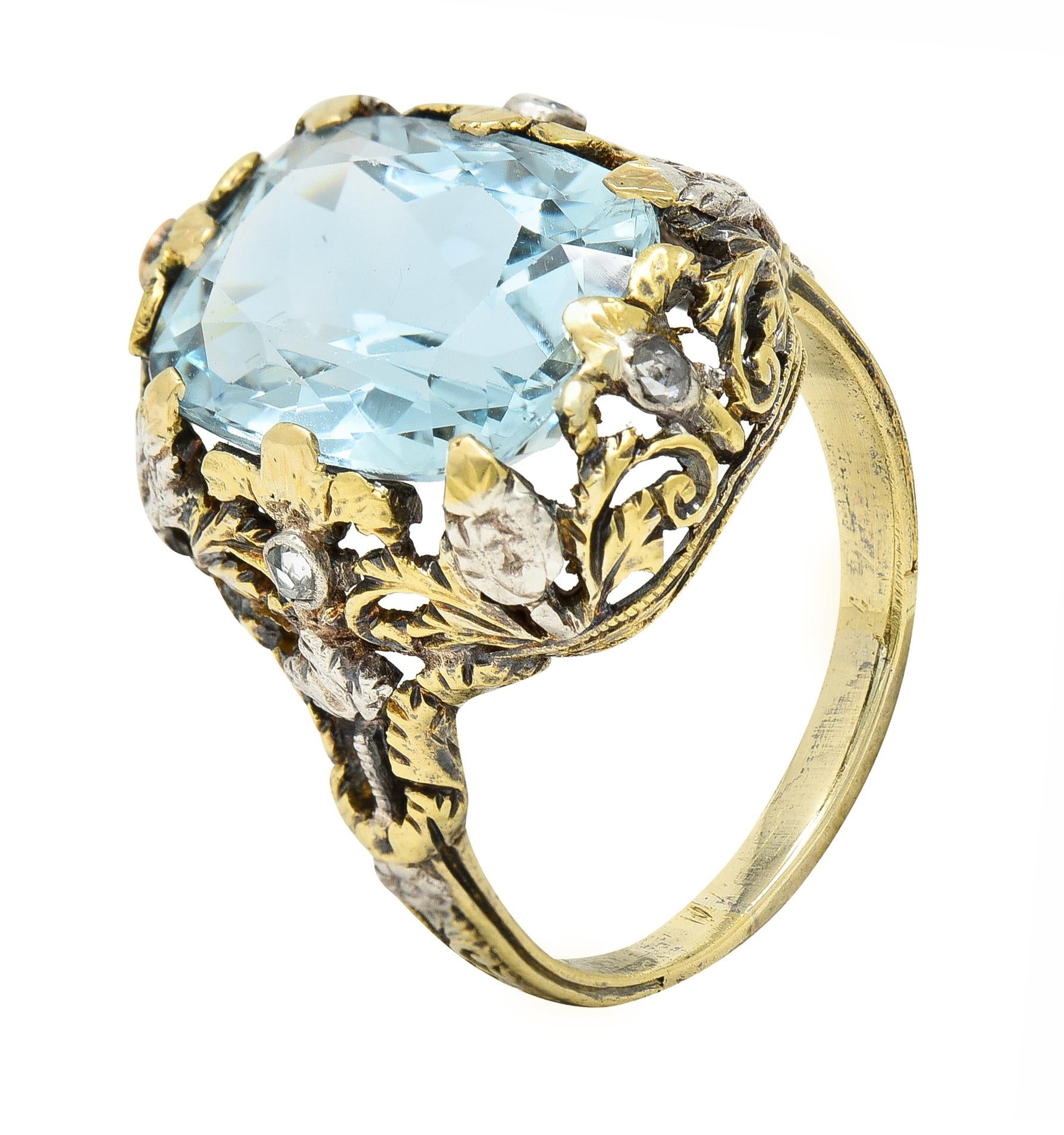 Victorian 6.52 CTW Aquamarine Diamond 14 Karat Gold Silver Floral Antique Ring