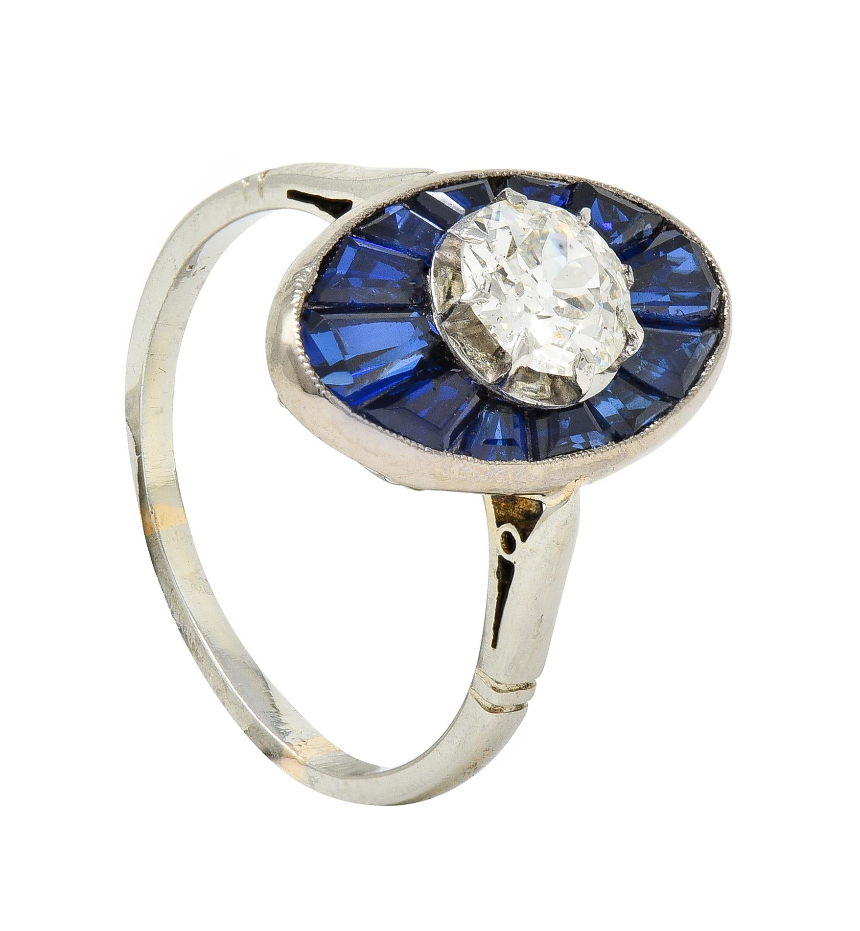 Art Deco French Old European Cut Diamond 18 Karat Gold Sapphire Dinner Ring