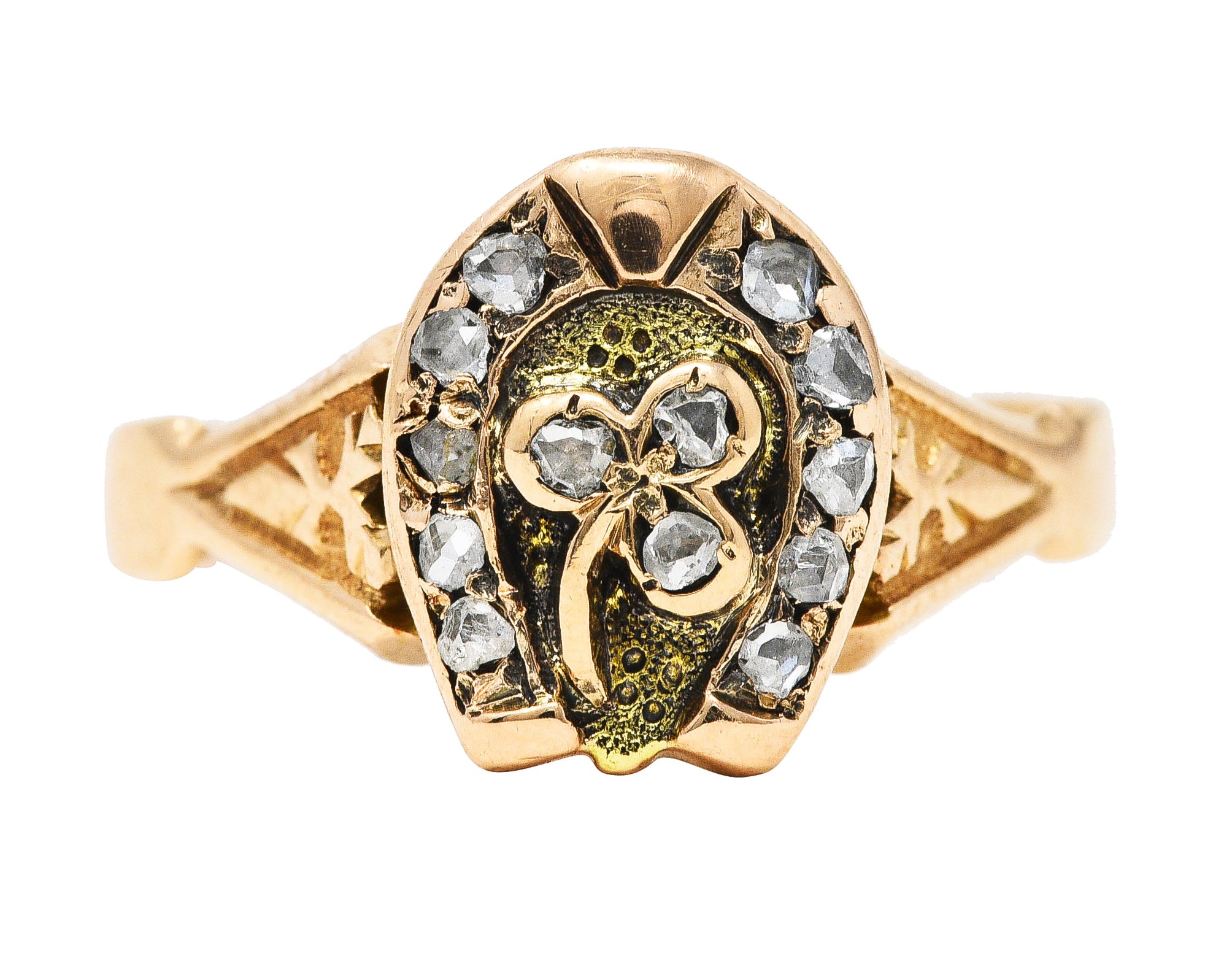 Victorian Rose Cut Diamond 14 Karat Two-Tone Gold Clover Horseshoe Band Ring Wilson's Estate Jewelry