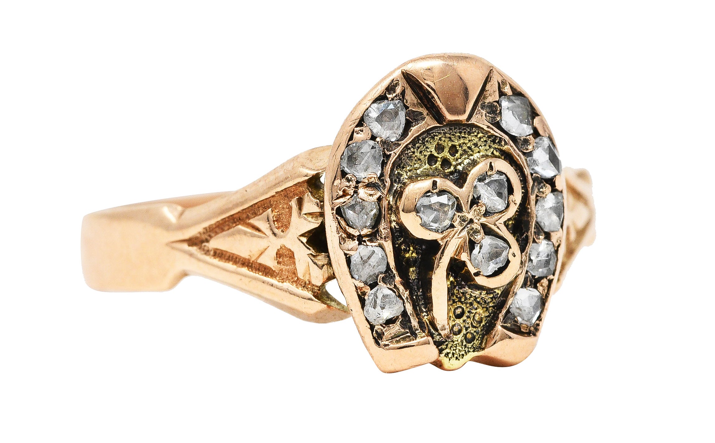 Victorian Rose Cut Diamond 14 Karat Two-Tone Gold Clover Horseshoe Band Ring Wilson's Estate Jewelry