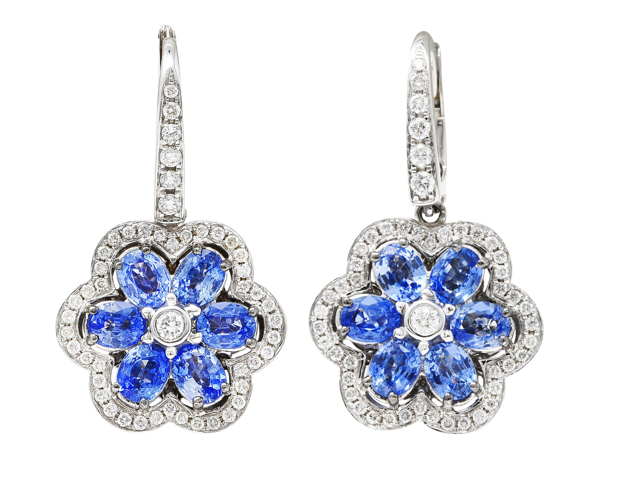 Contemporary 5.74 CTW Sapphire Diamond 18 Karat White Gold Floral Drop Earrings Wilson's Estate Jewelry