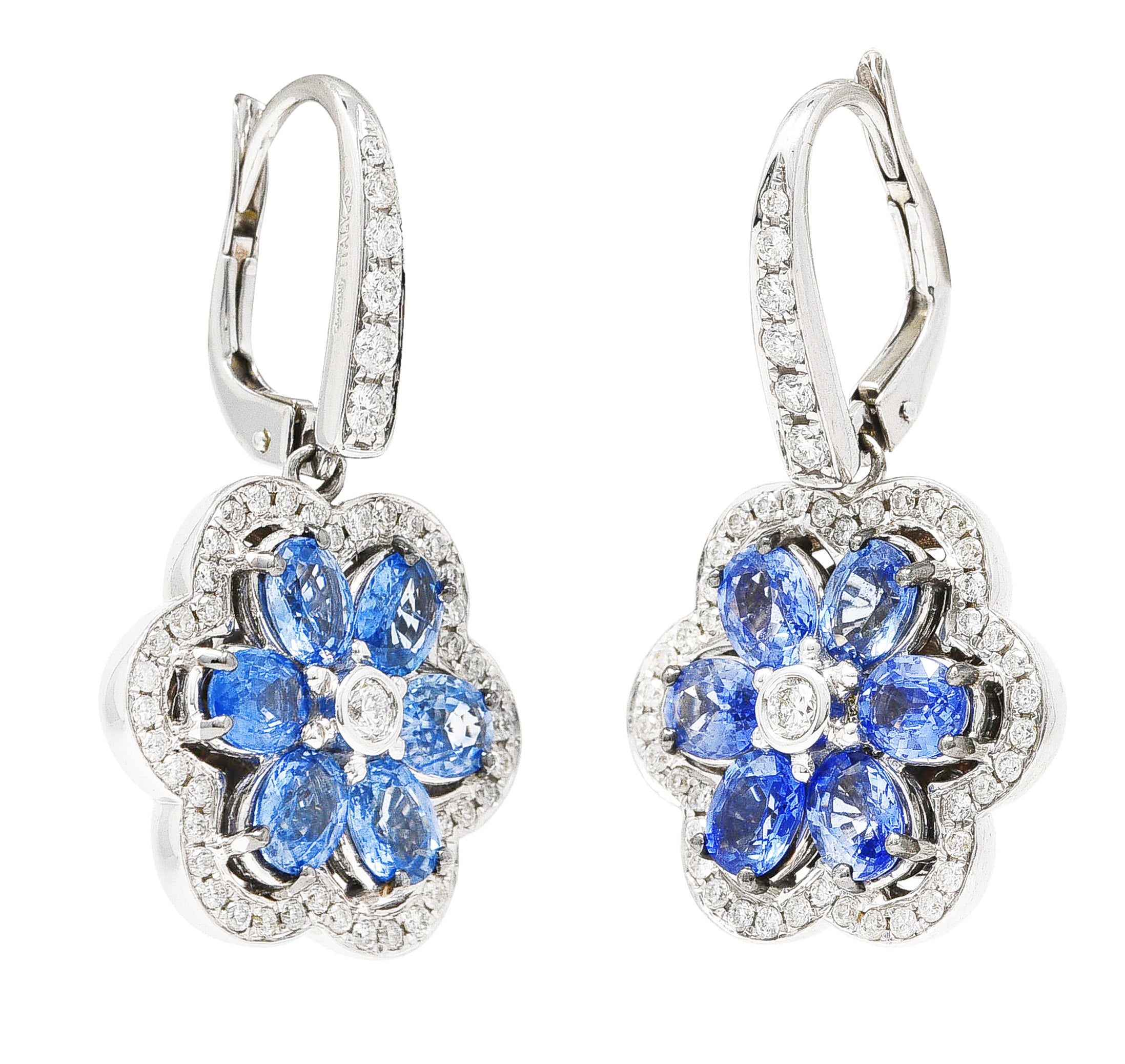 Contemporary 5.74 CTW Sapphire Diamond 18 Karat White Gold Floral Drop Earrings Wilson's Estate Jewelry