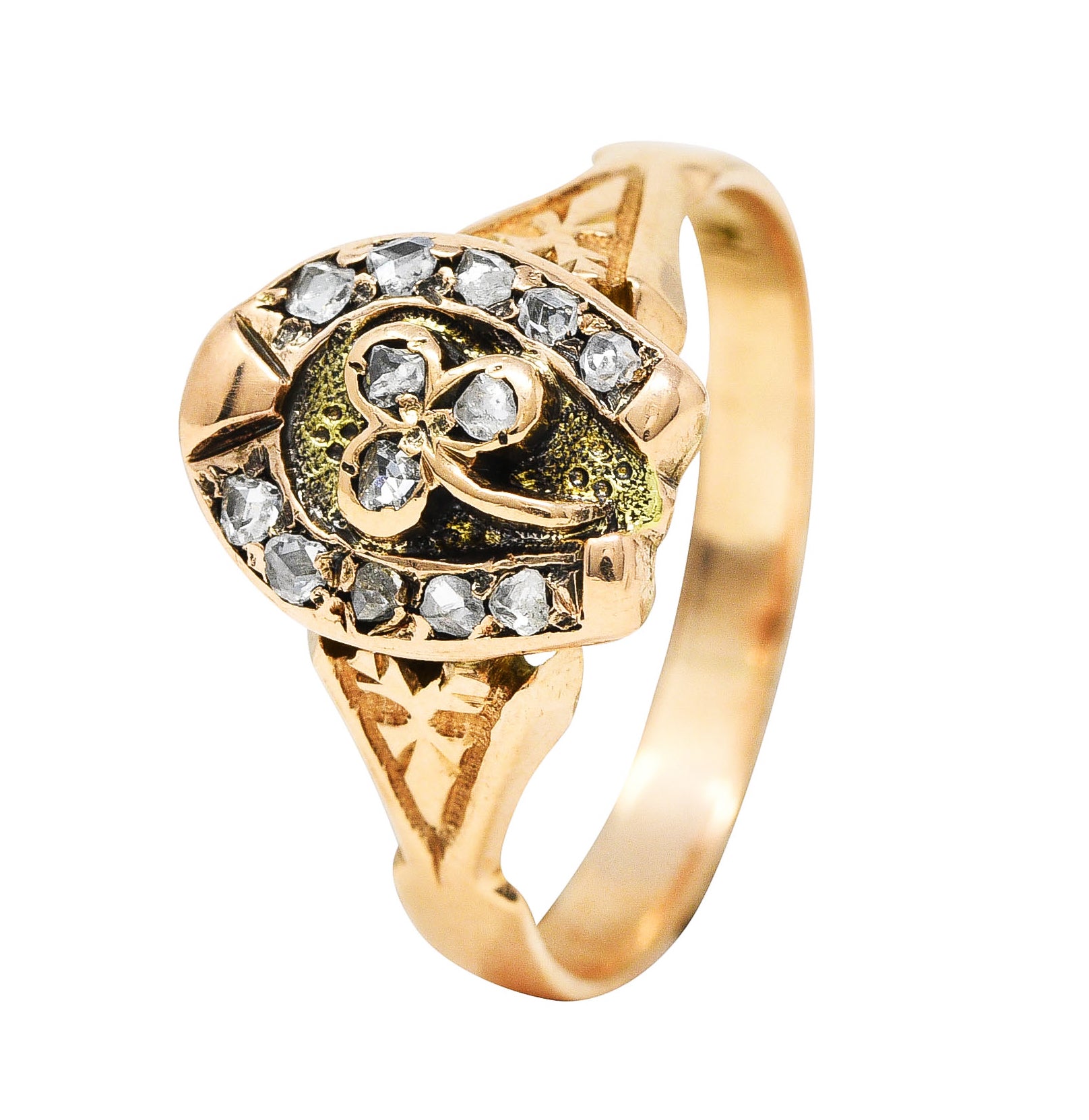 Victorian Rose Cut Diamond 14 Karat Two-Tone Gold Clover Horseshoe Band Ring Wilson's Estate Jewelry