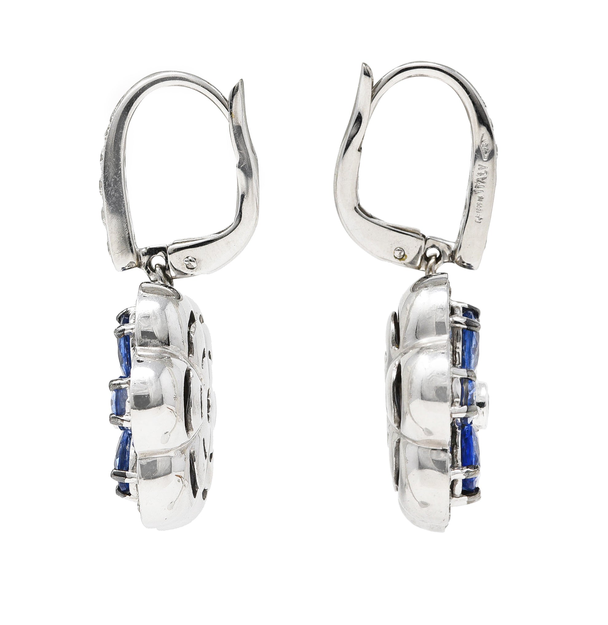 Contemporary 5.74 CTW Sapphire Diamond 18 Karat White Gold Floral Drop Earrings Wilson's Estate Jewelry